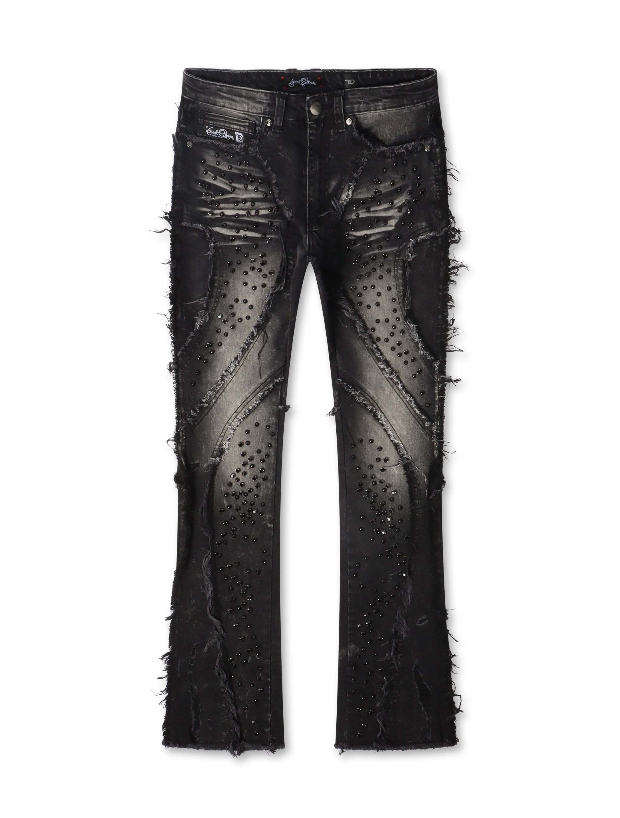 Frost Originals Distressed Rhinestone Stacked Jeans - Black Wash