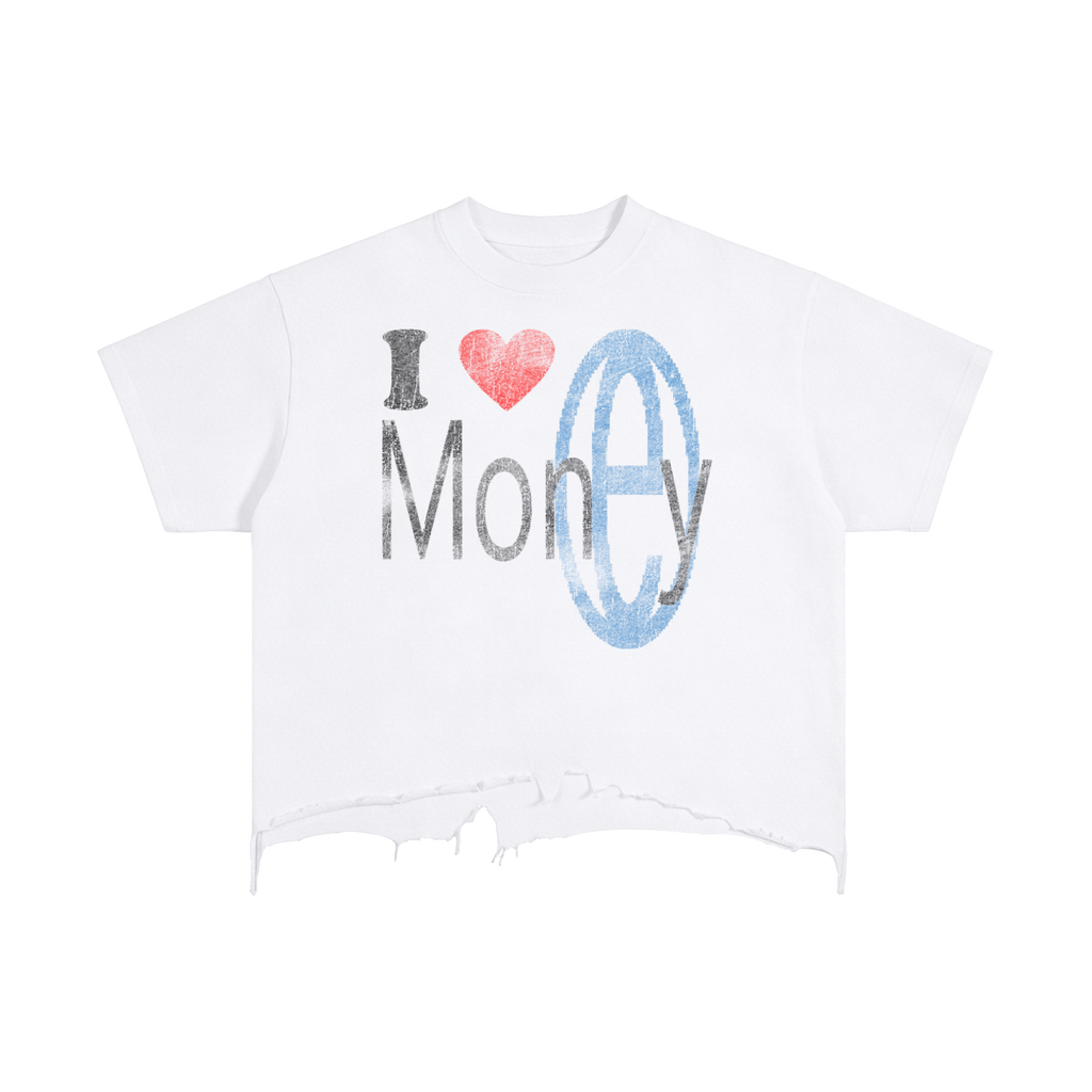 Luv Money White Distressed Hem Washed Shirt Streetwear Cotton 240GSM DTG Print Tee