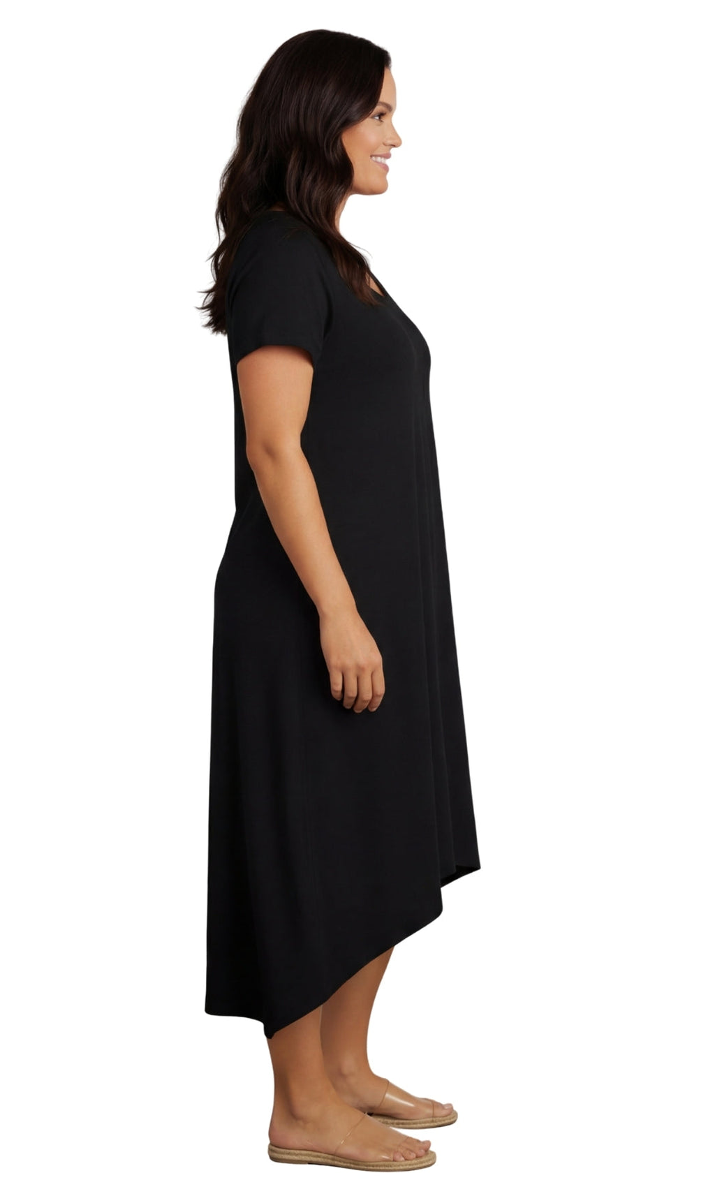 Women's Short Sleeve A-Line Knit Dress — Scoop Neck Asymmetrical Hem