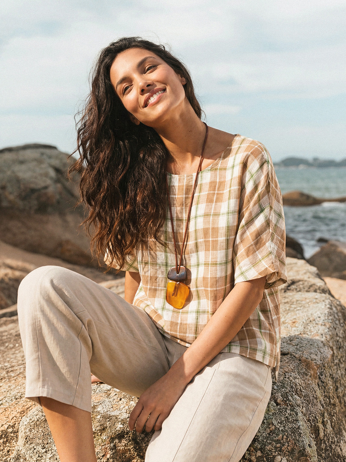 100% Linen Plaid Drop Shoulder Side Slit Top LORNA