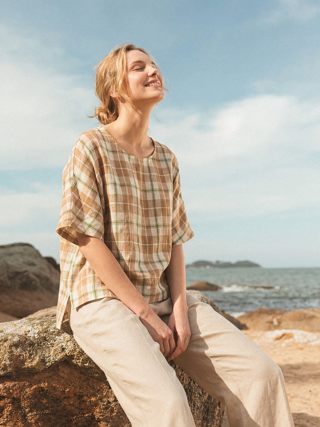 100% Linen Plaid Drop Shoulder Side Slit Top LORNA