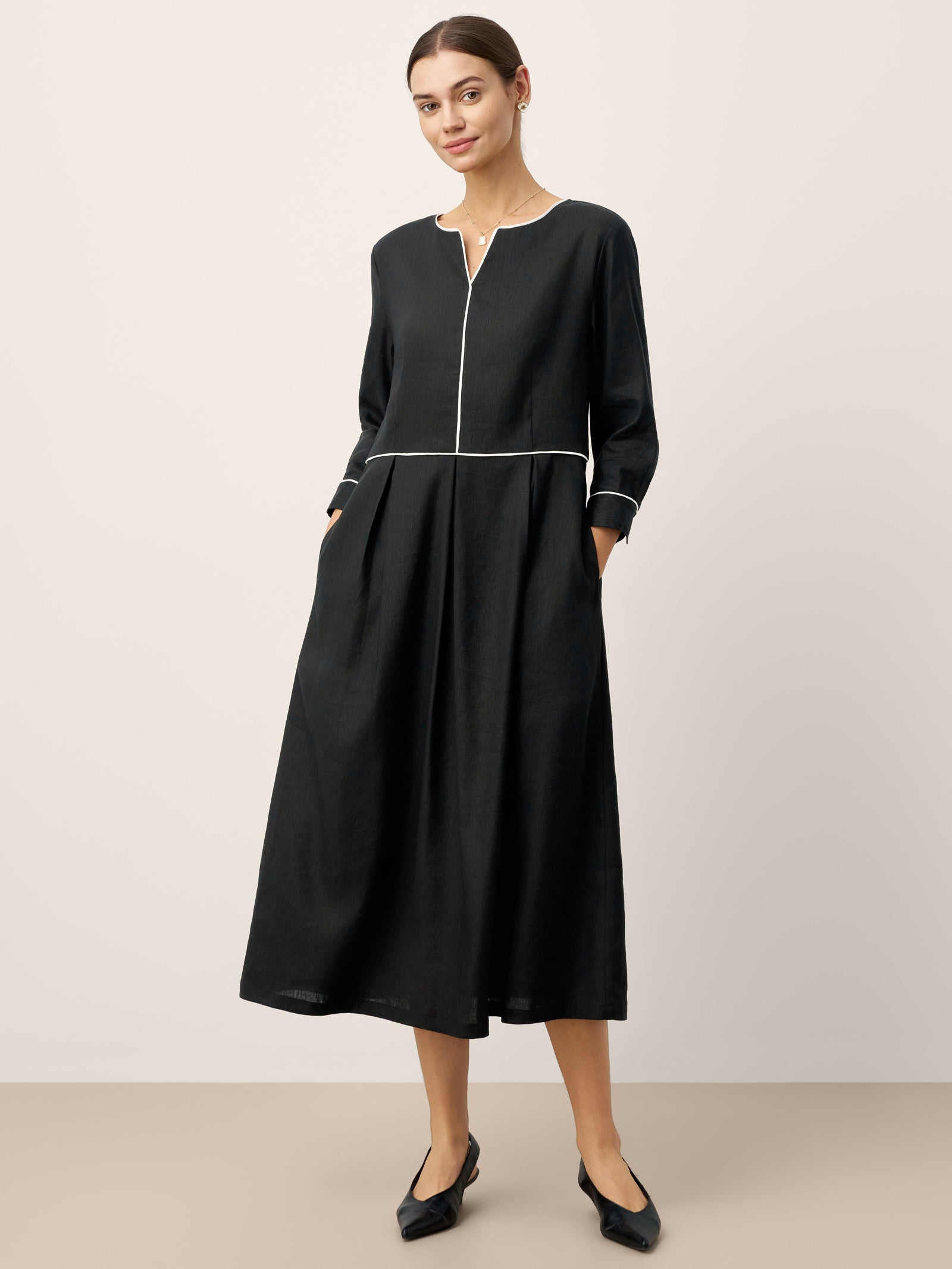 Linen-Lyocell Contrast Trim Gathered Midi Dress NYX