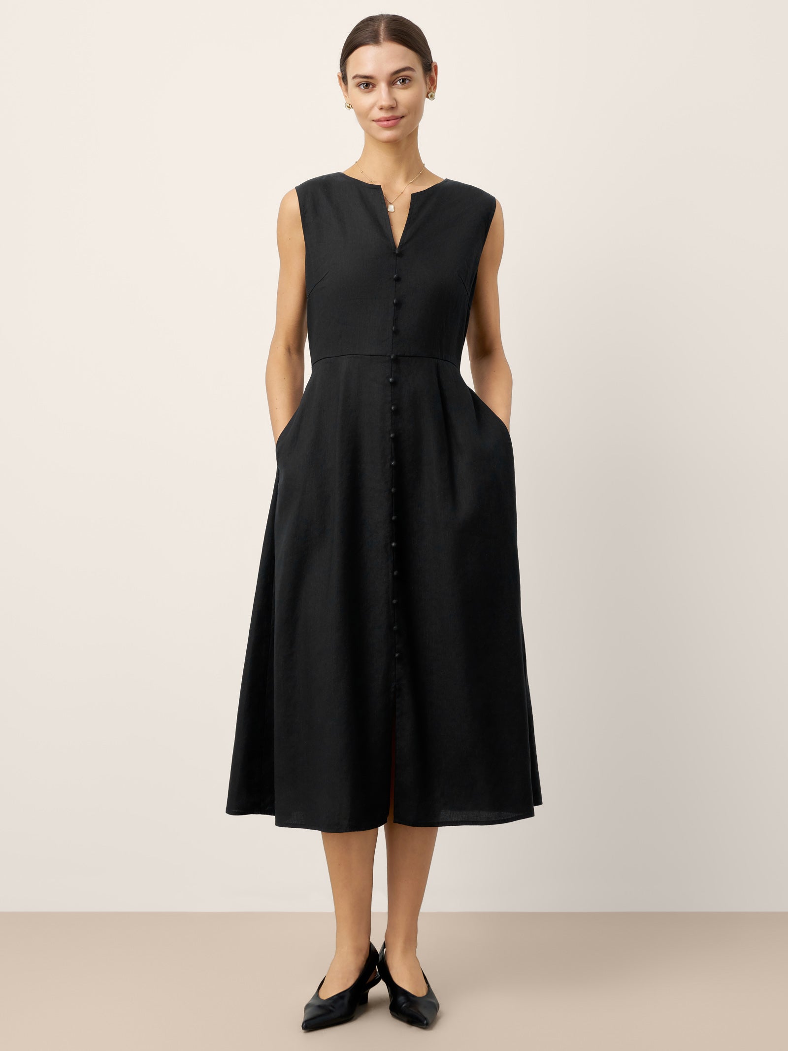 Linen-Lyocell V-Neck Sleeveless Midi Dress WILLOW