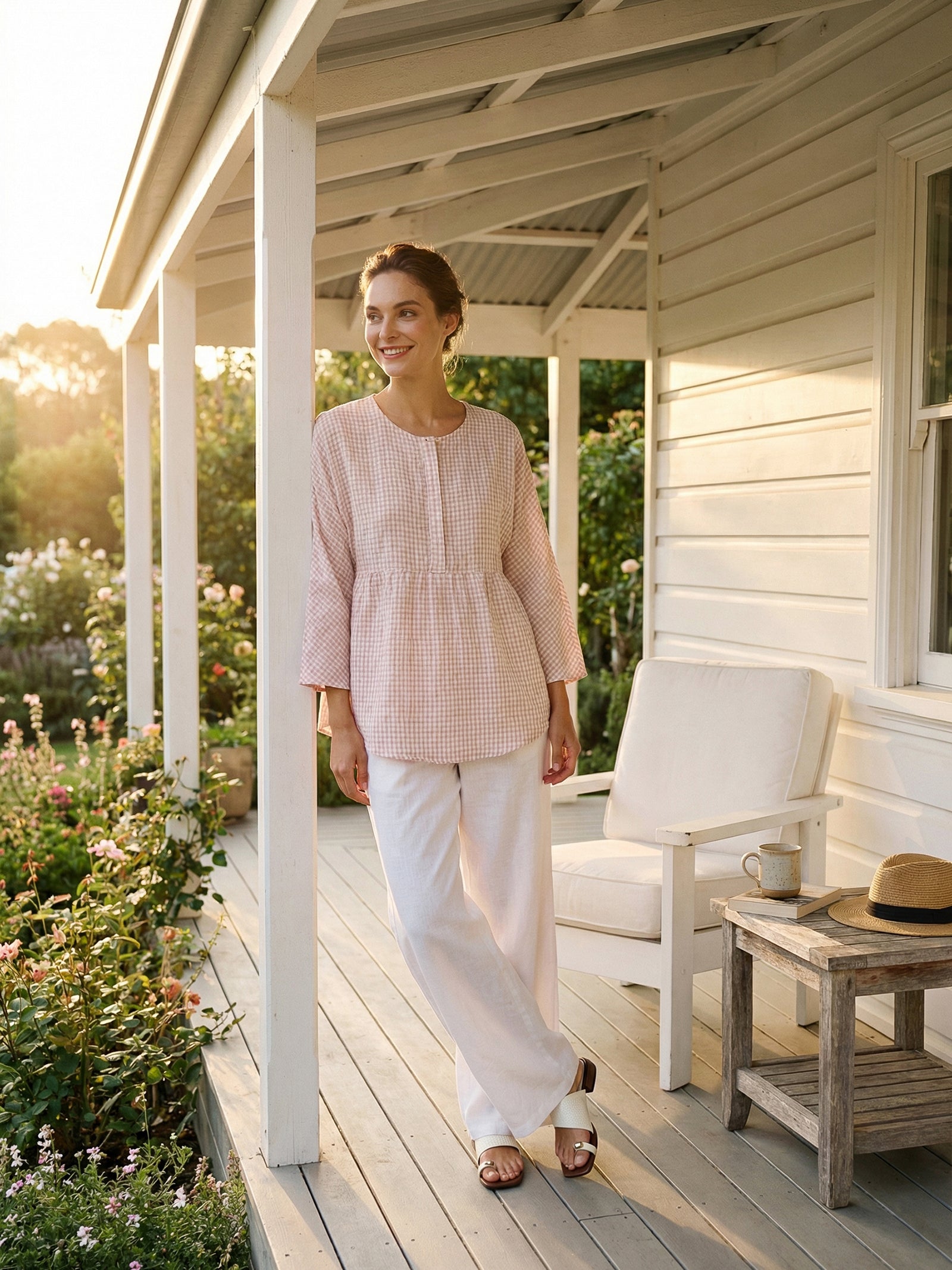 Linen Checked Long-Sleeved Top CAROLINE