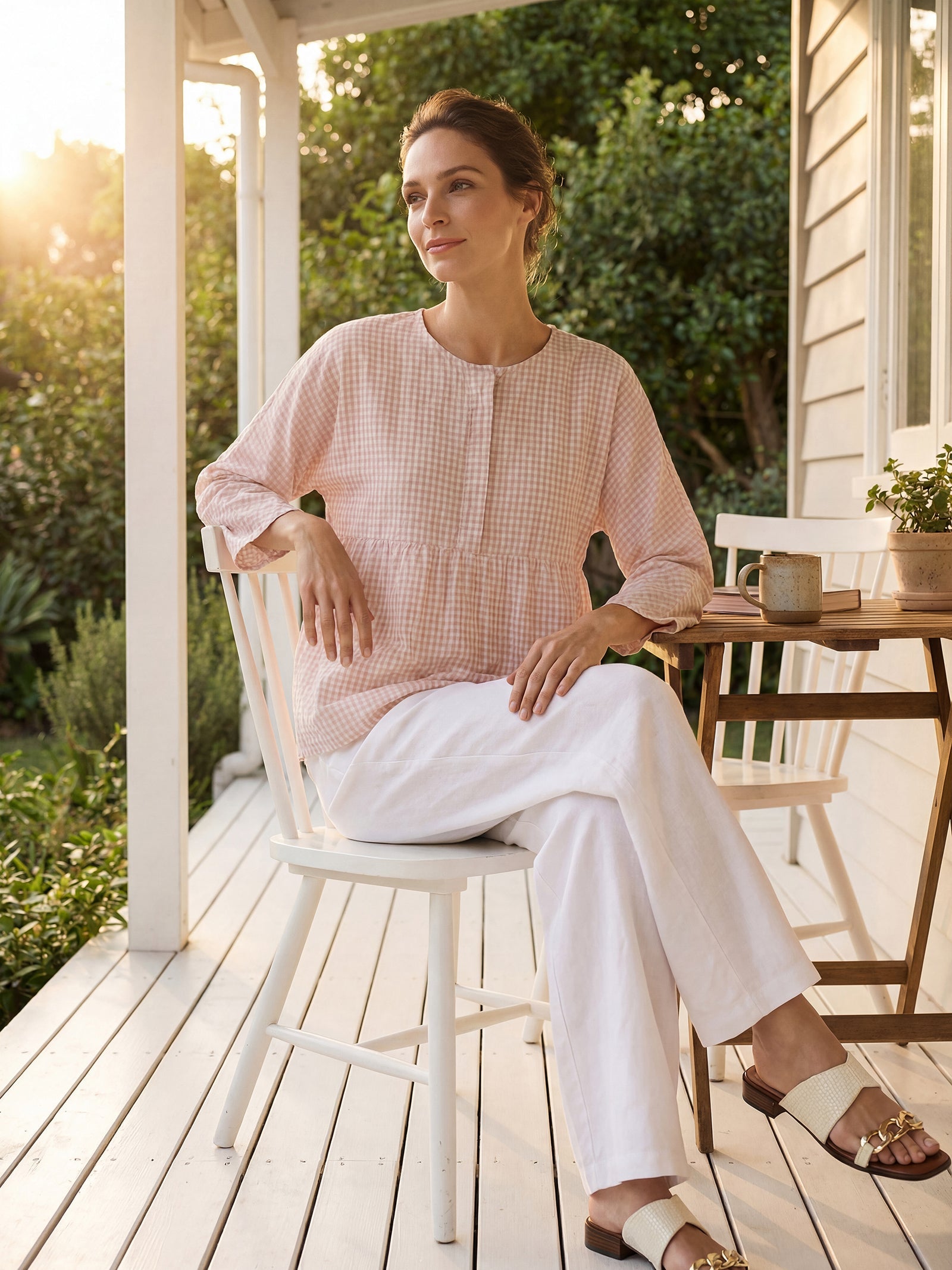 Linen Checked Long-Sleeved Top CAROLINE