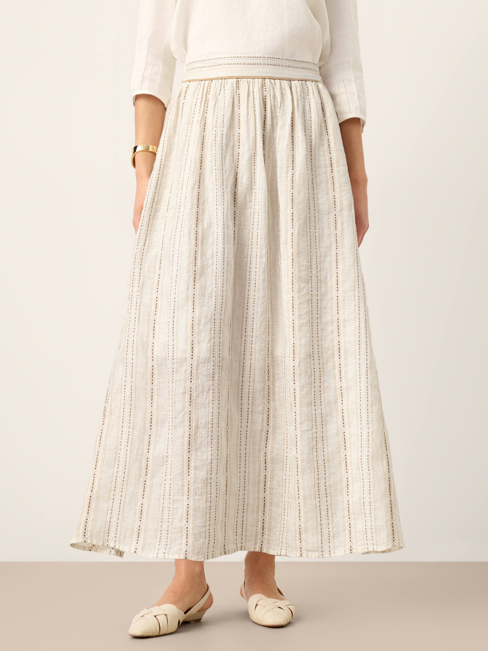 Linen Striped Contrast Trim A-Line Bohemian Skirt with Lining ISMERIE
