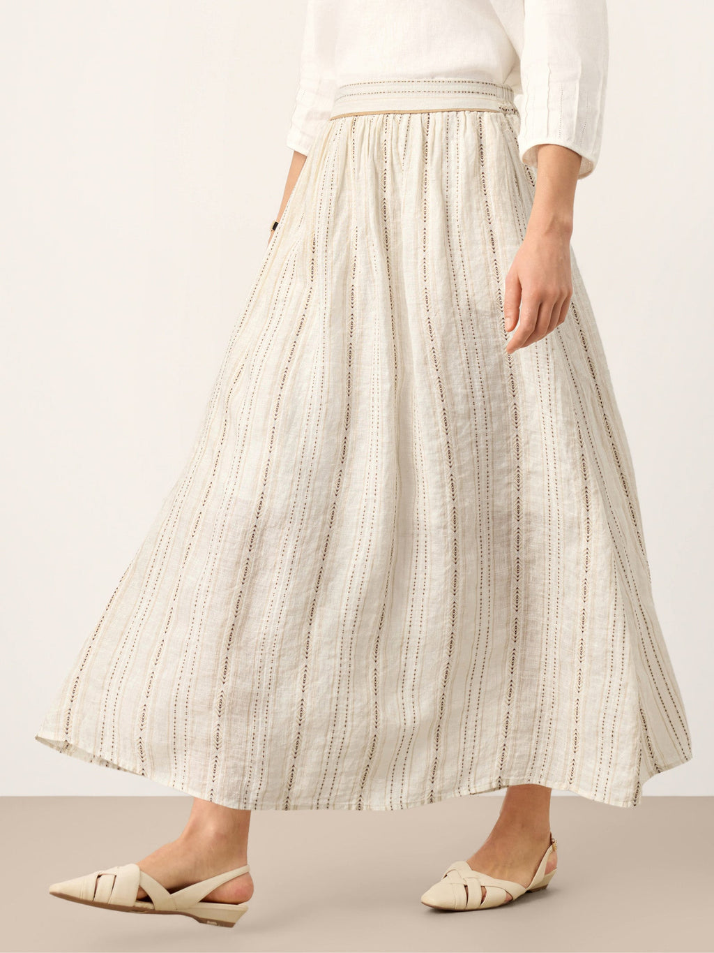 Linen Striped Contrast Trim A-Line Bohemian Skirt with Lining ISMERIE