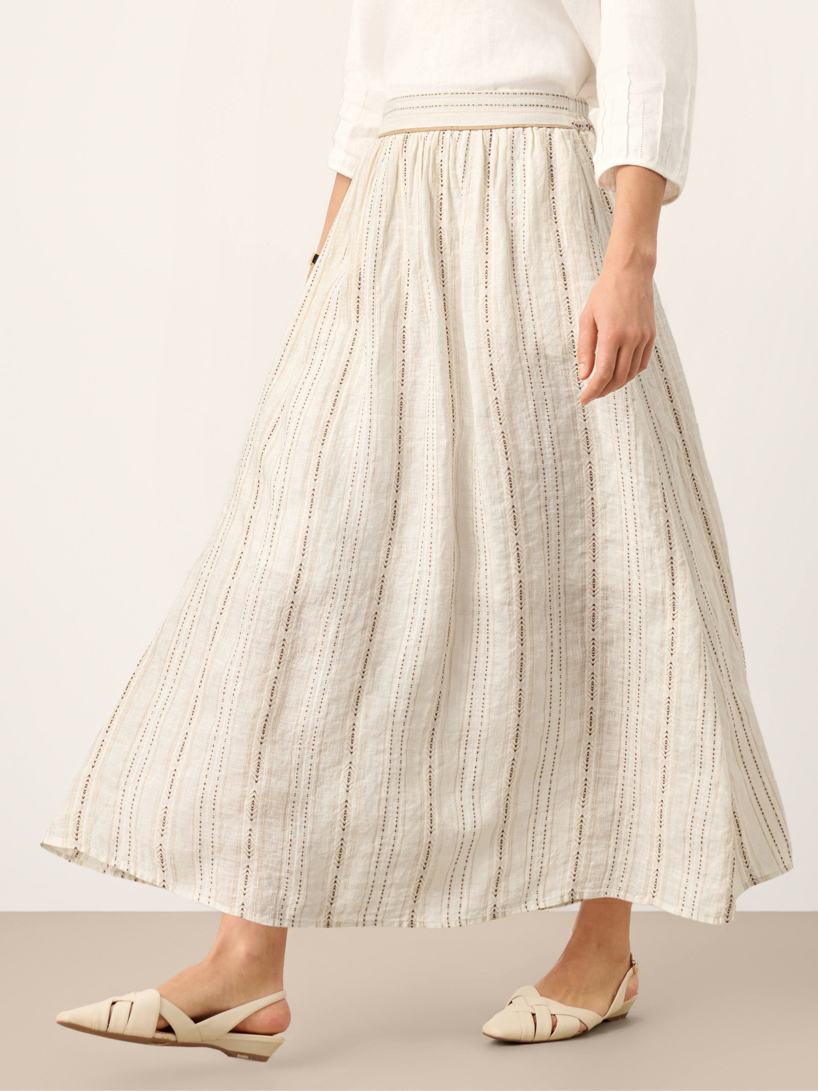 Linen Striped Contrast Trim A-Line Bohemian Skirt with Lining ISMERIE