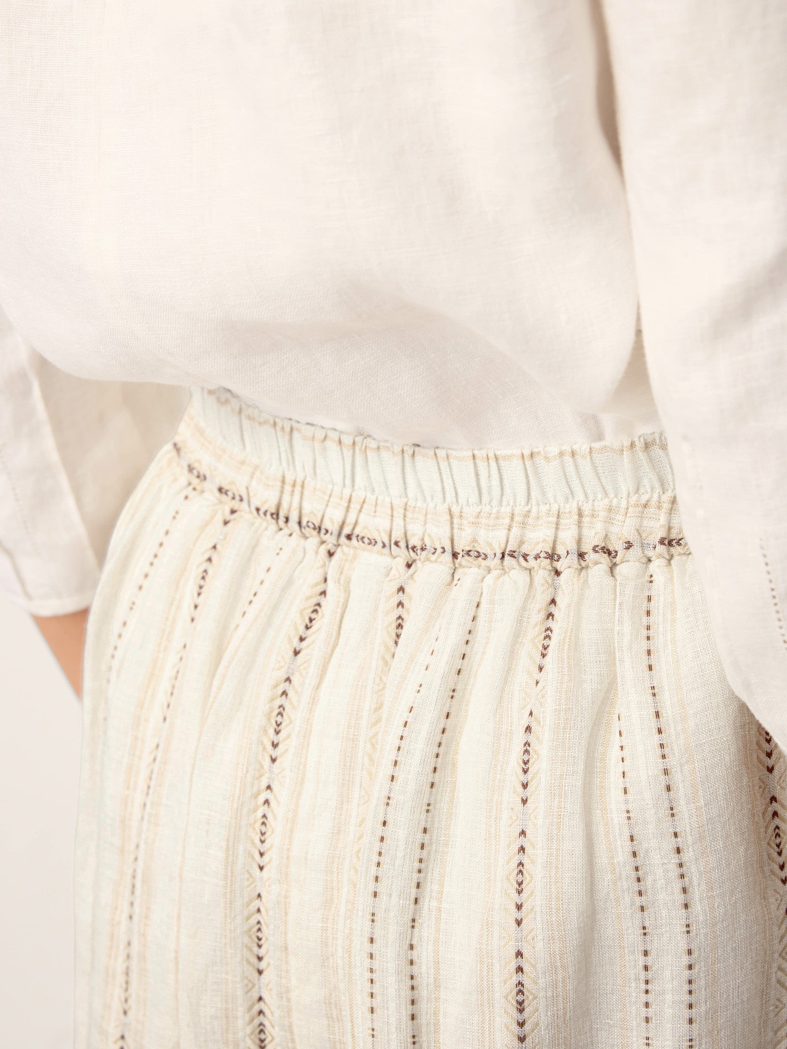 Linen Striped Contrast Trim A-Line Bohemian Skirt with Lining ISMERIE
