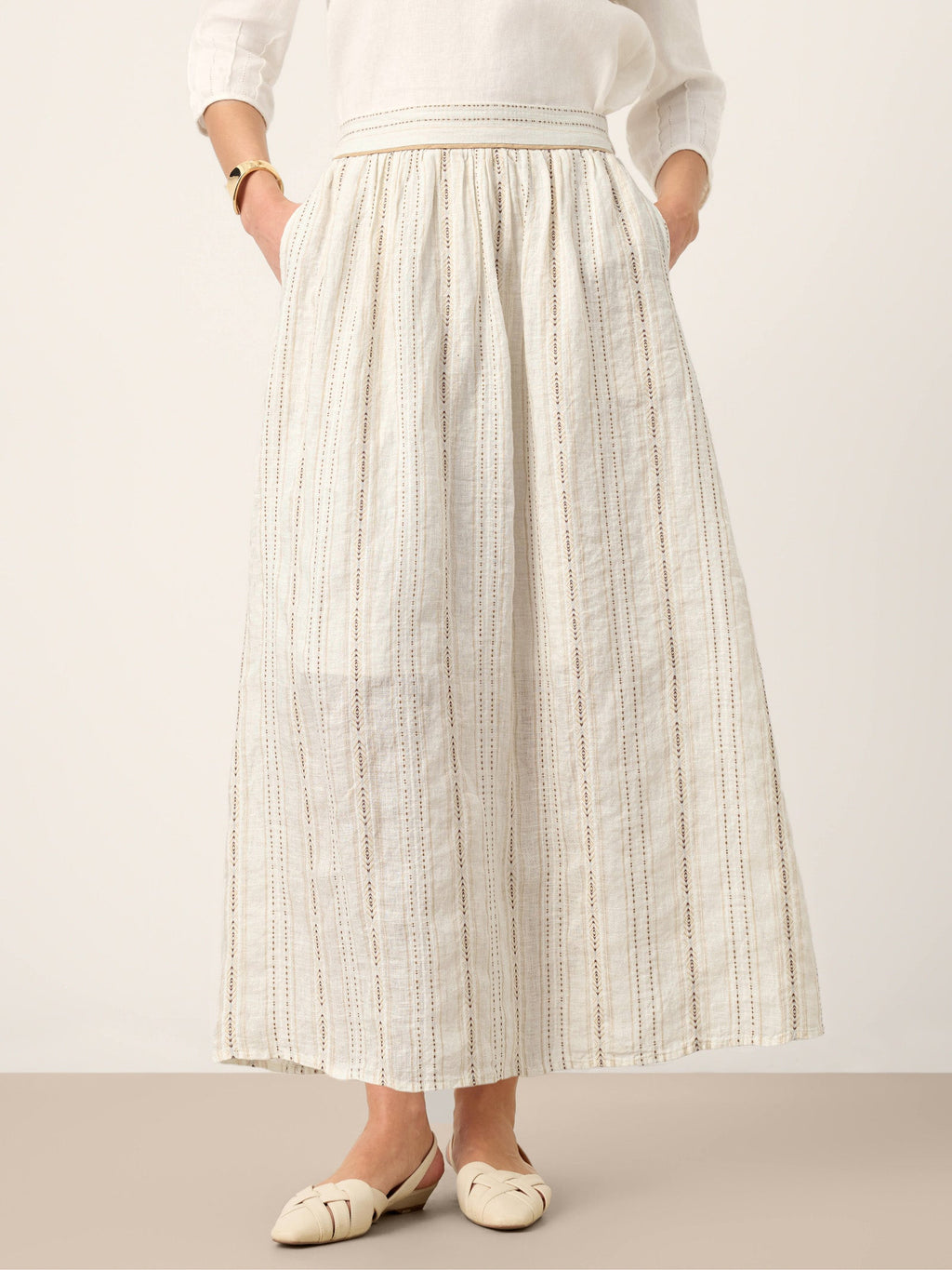 Linen Striped Contrast Trim A-Line Bohemian Skirt with Lining ISMERIE