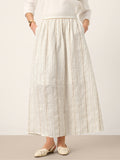 Linen Striped Contrast Trim A-Line Bohemian Skirt with Lining ISMERIE