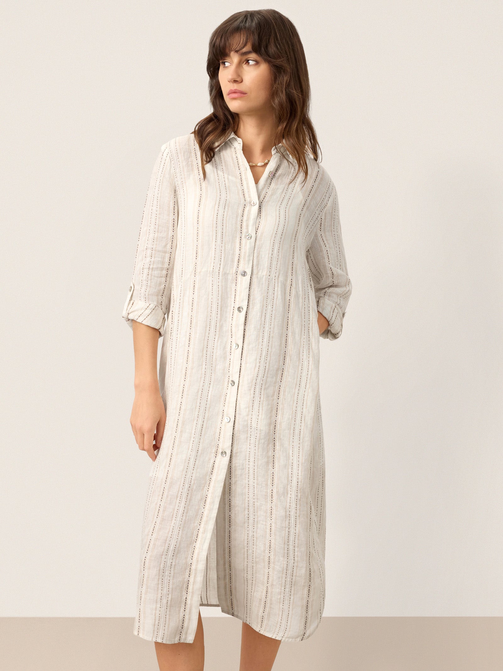 Linen Striped Tab-Sleeve Bohemia Shirt Dress BLYTHE