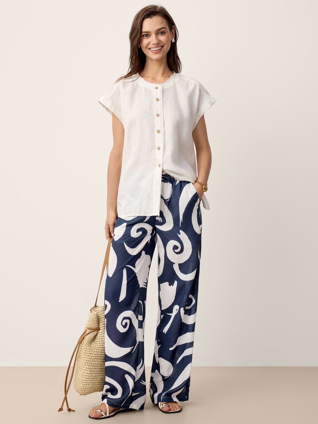 Linen Abstract-Print Straight-Leg Pants ORLA