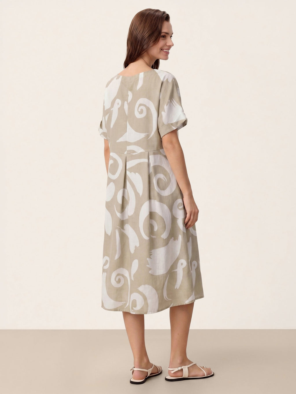 Linen Abstract-Print Pleated-Waist Midi Dress PRIYA
