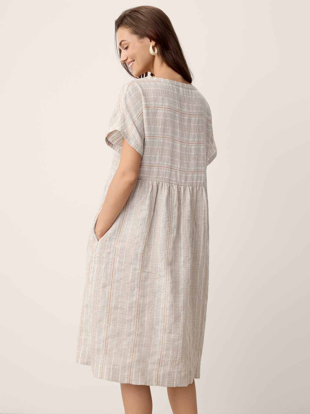 Linen Gathered-Hem Split-Neck Mini Dress SYDNEY