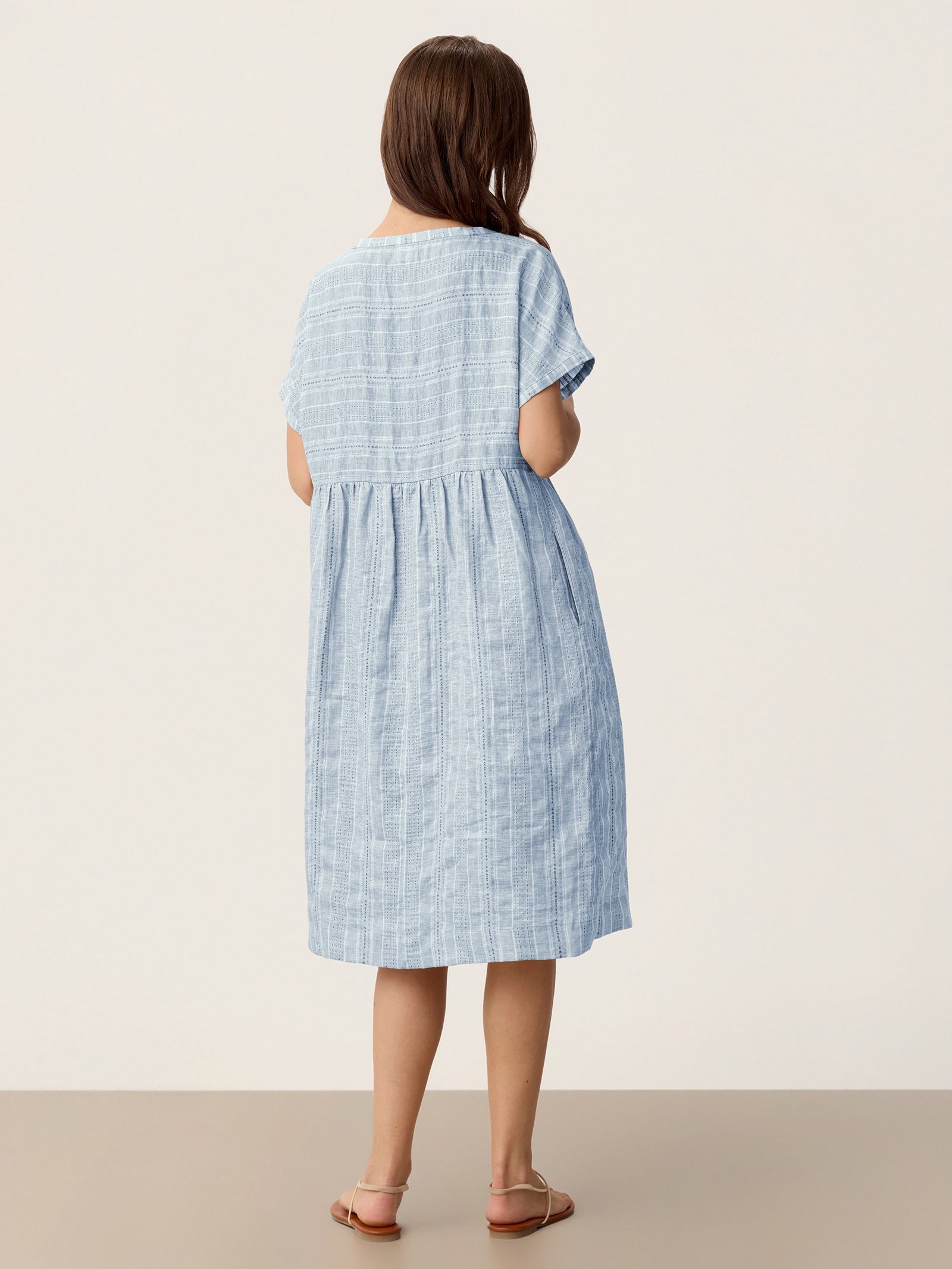 Linen Gathered-Hem Split-Neck Mini Dress SYDNEY