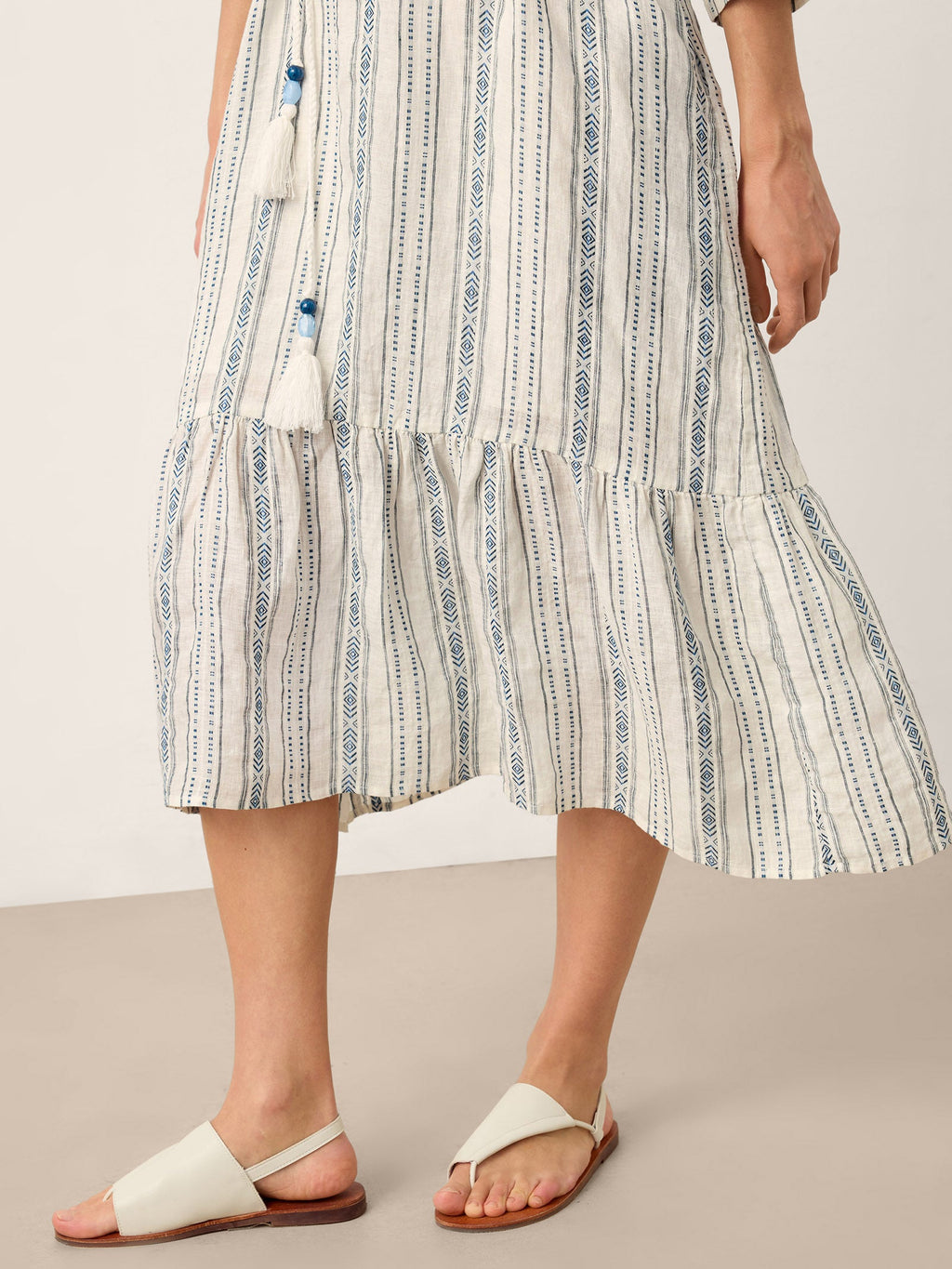 Linen Tribal Stripe Split Neck Bohemian Ruffle Midi Dress with Woven Belt and Slip MARLOWE