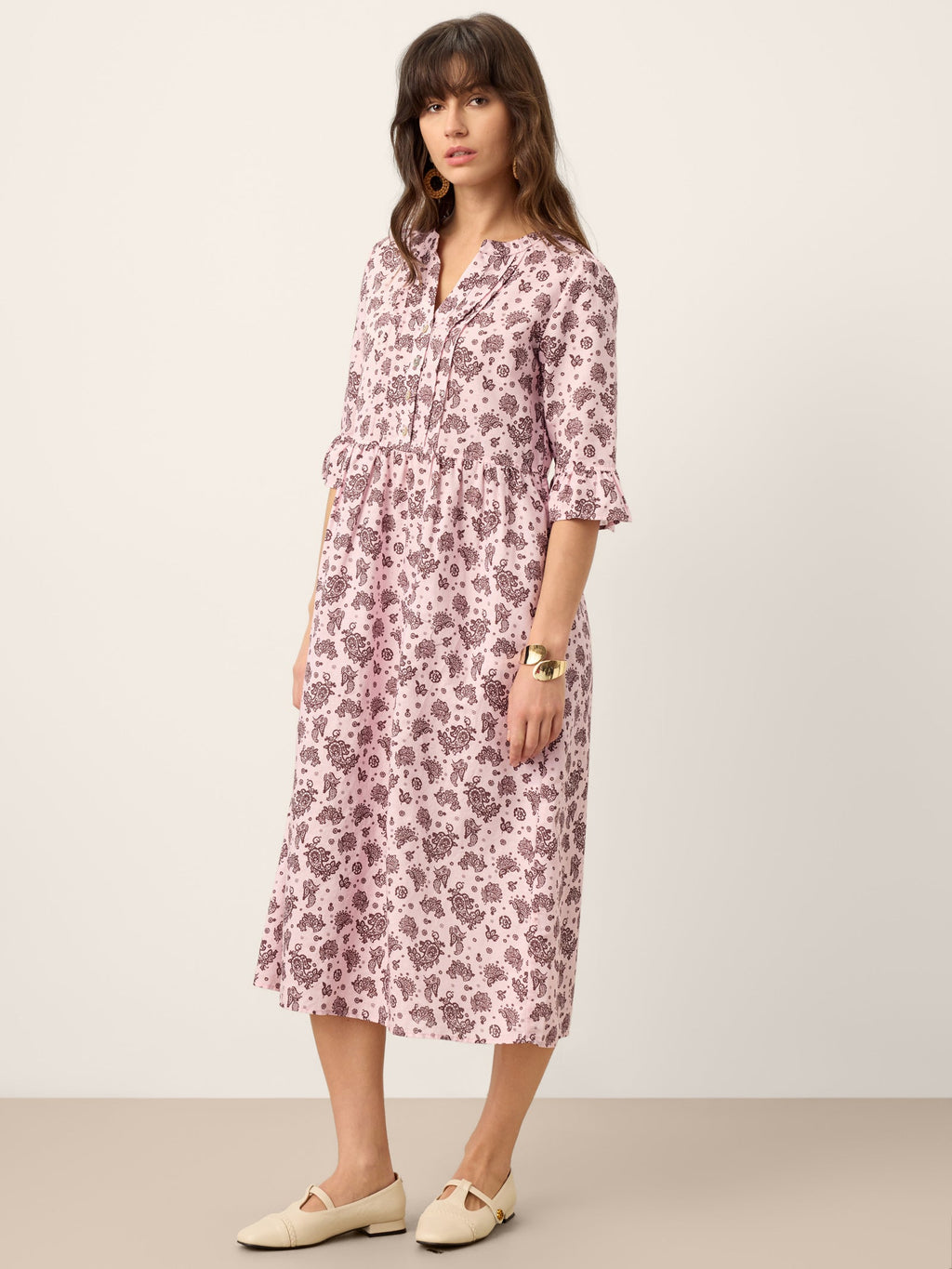 Linen Paisley Pintucked Ruffle-Cuff Midi Dress MAELYN