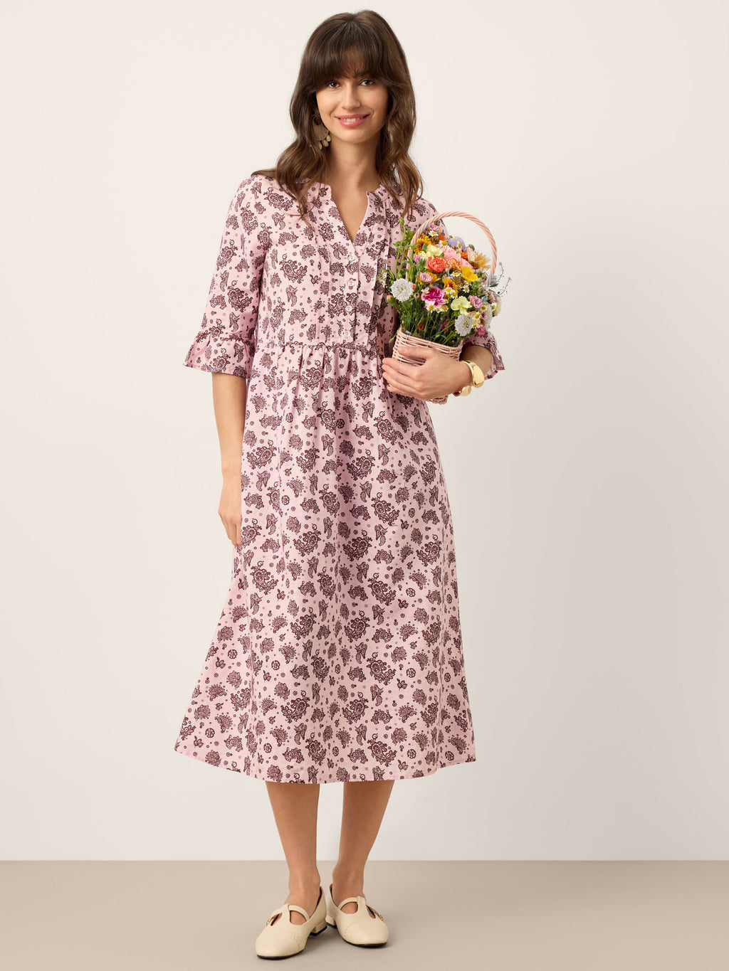 Linen Paisley Pintucked Ruffle-Cuff Midi Dress MAELYN