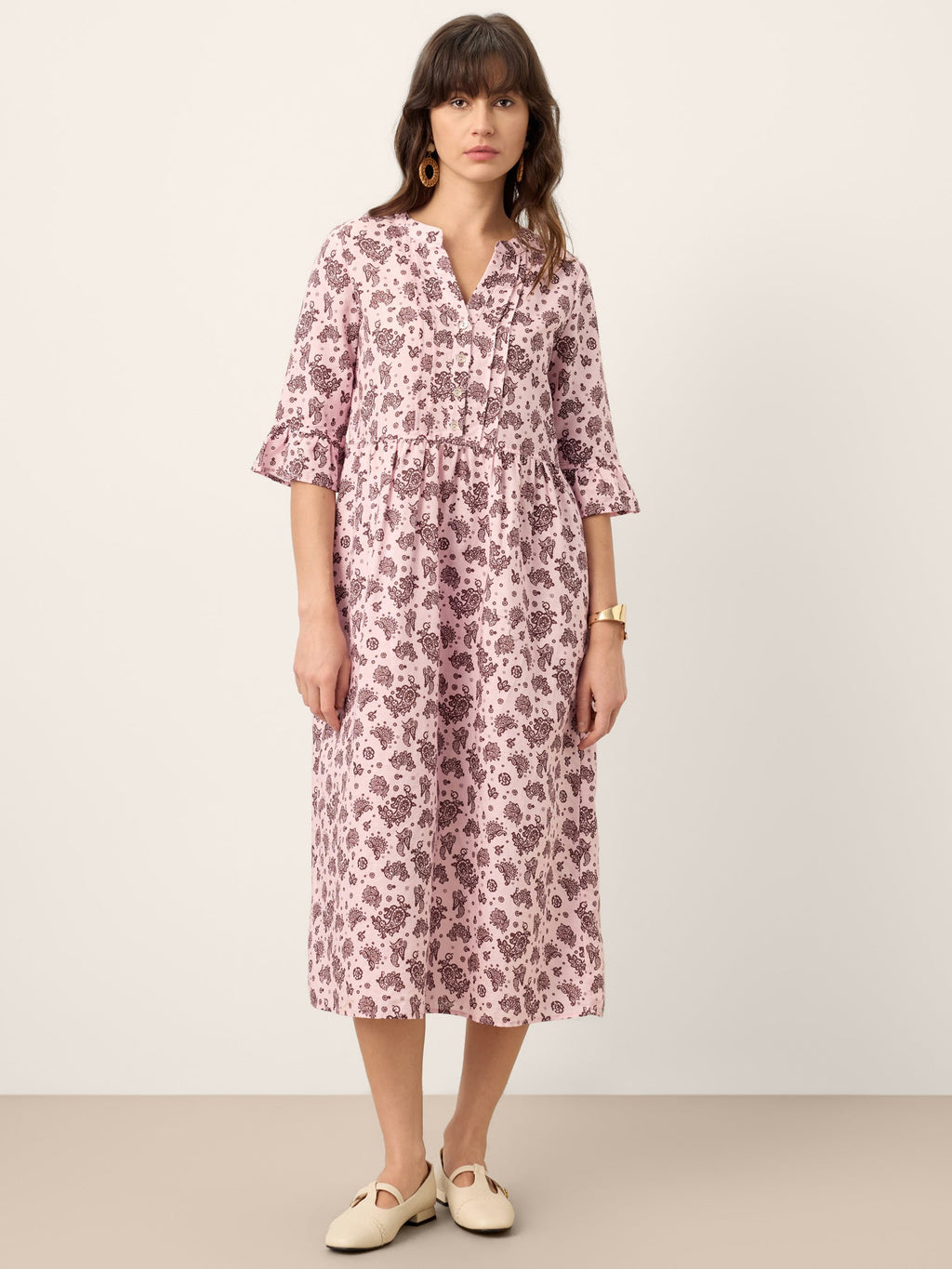 Linen Paisley Pintucked Ruffle-Cuff Midi Dress MAELYN