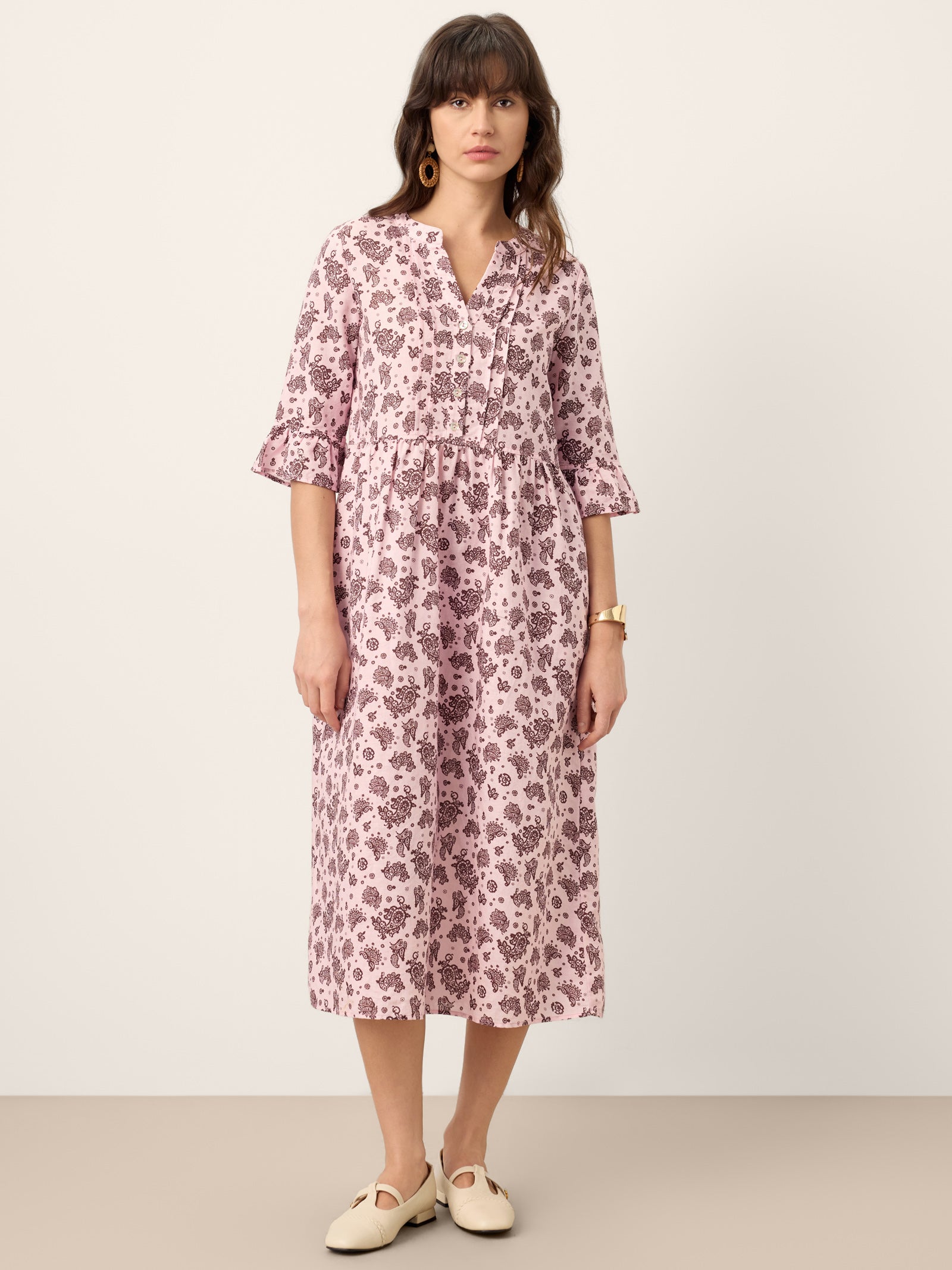 Linen Paisley Pintucked Ruffle-Cuff Midi Dress MAELYN