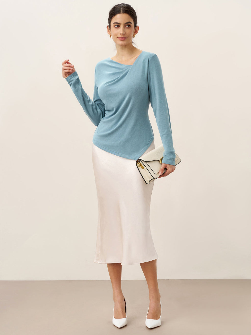 Wool Lyocell Twisted V-Neck Ruched Top NATALIE