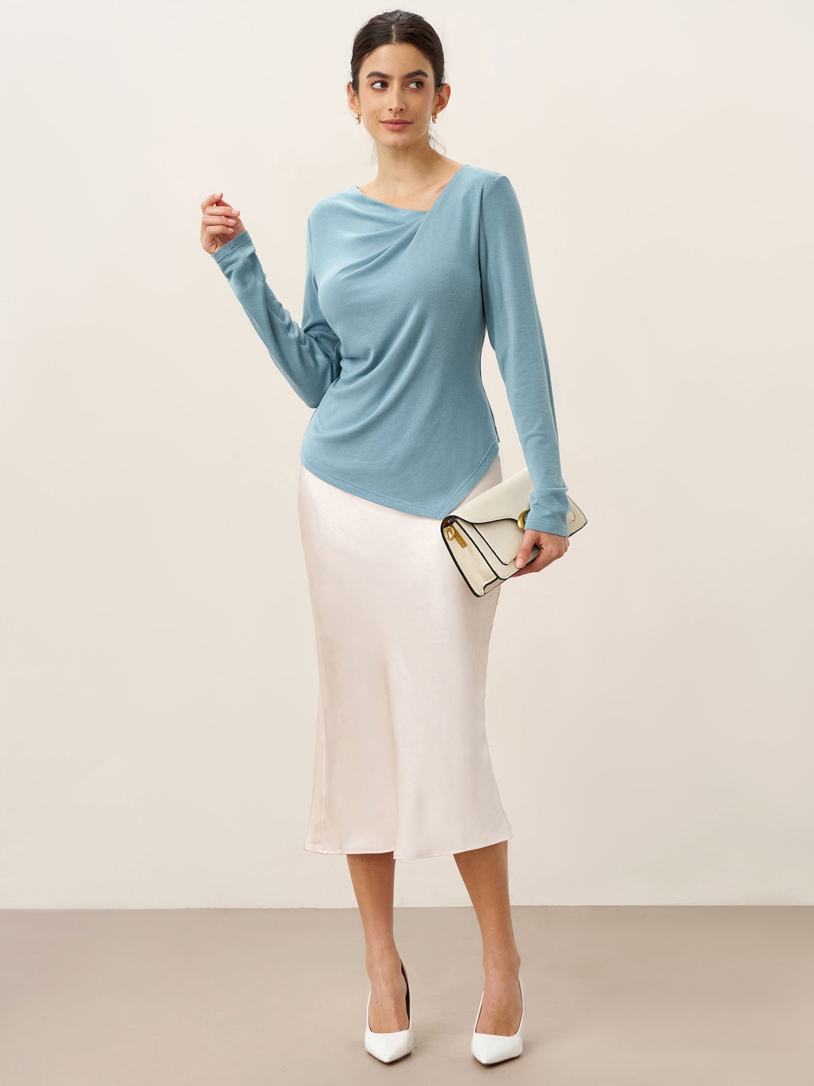 Wool Lyocell Twisted V-Neck Ruched Top NATALIE