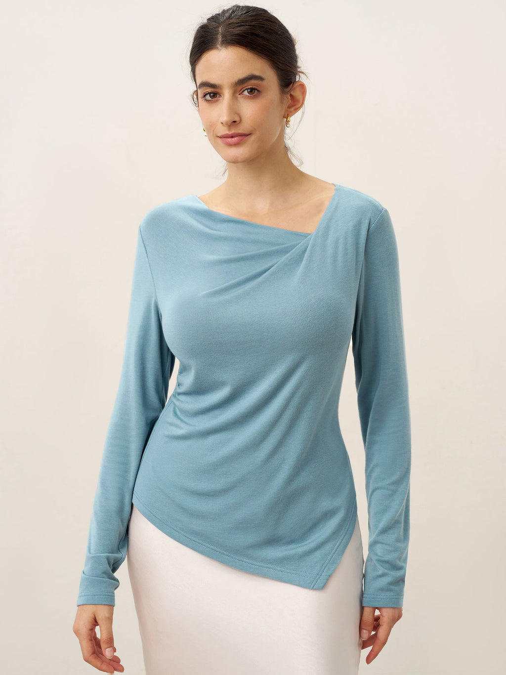 Wool Lyocell Twisted V-Neck Ruched Top NATALIE