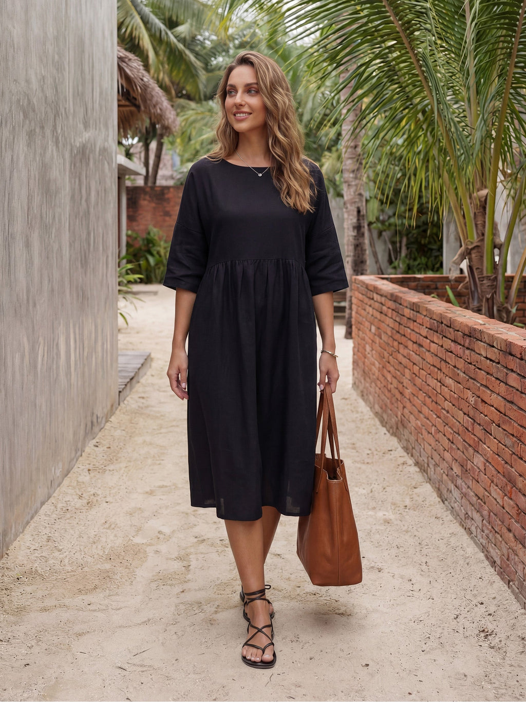 100% Linen A-Line Midi Dress VALENCIA