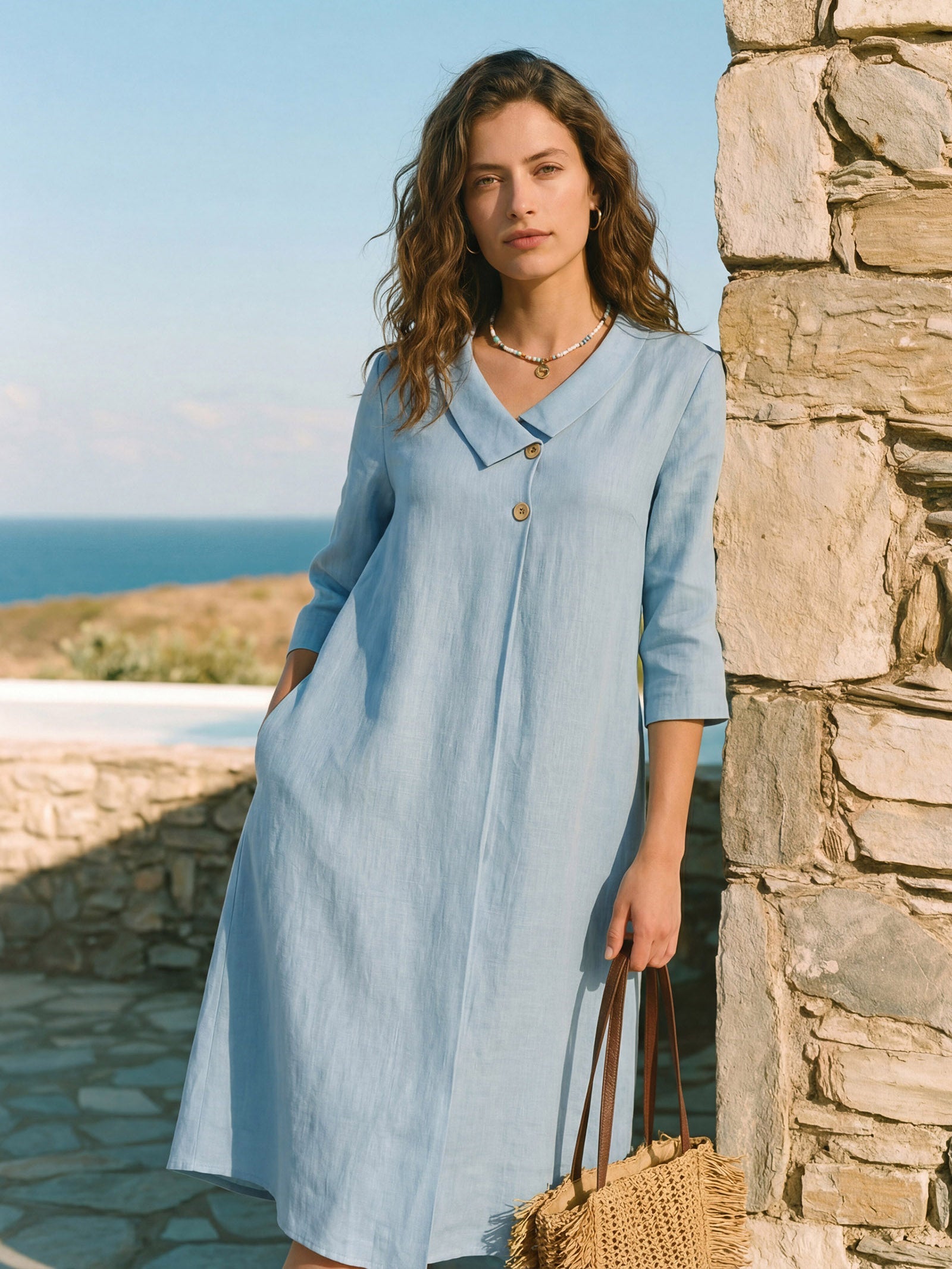 100% Linen Asymmetric Shawl Collar A-Line Mini Dress WINIFRED
