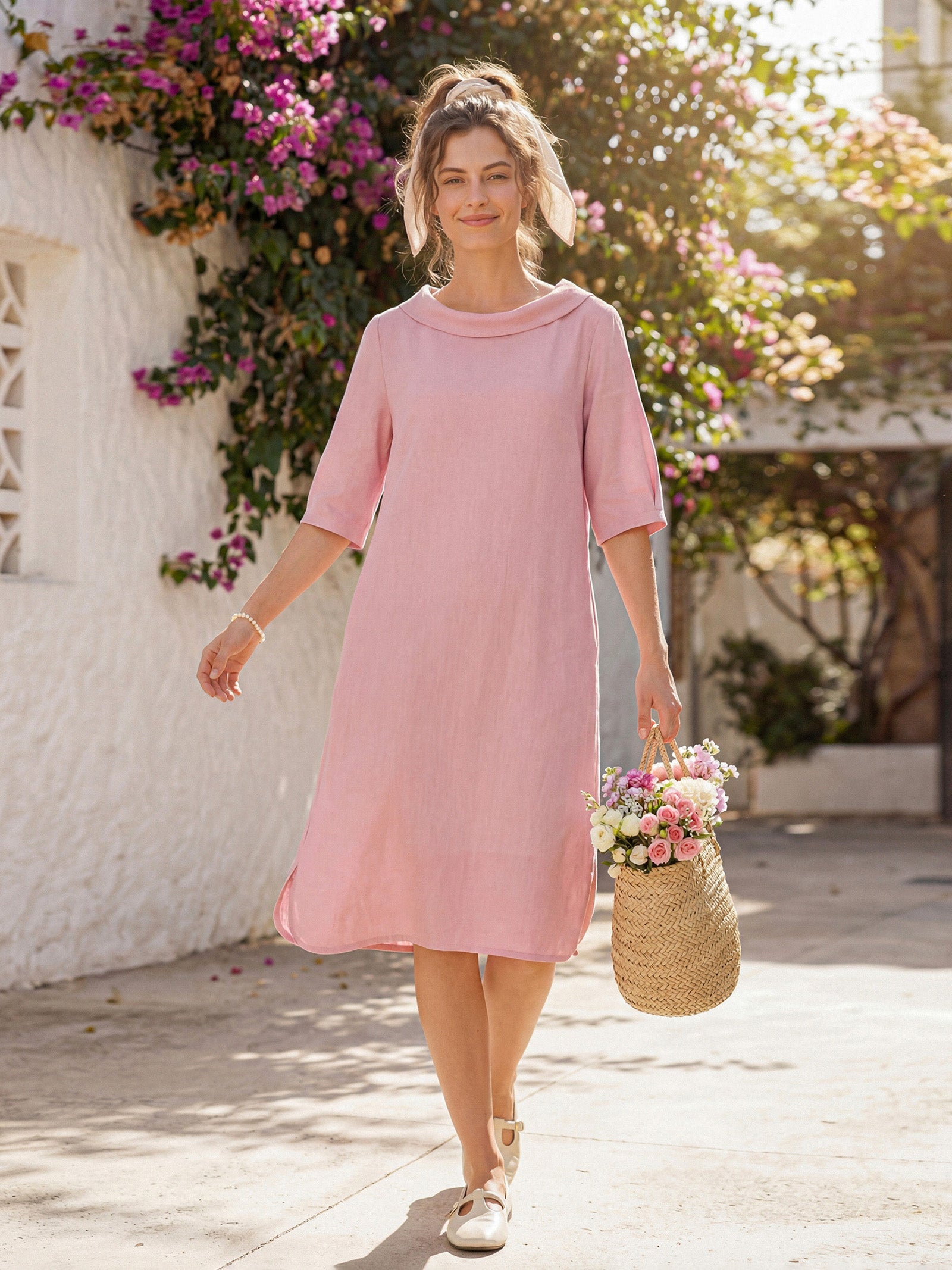 100% Linen Sculpted Bateau Tie-Back Mini Dress SABRINA