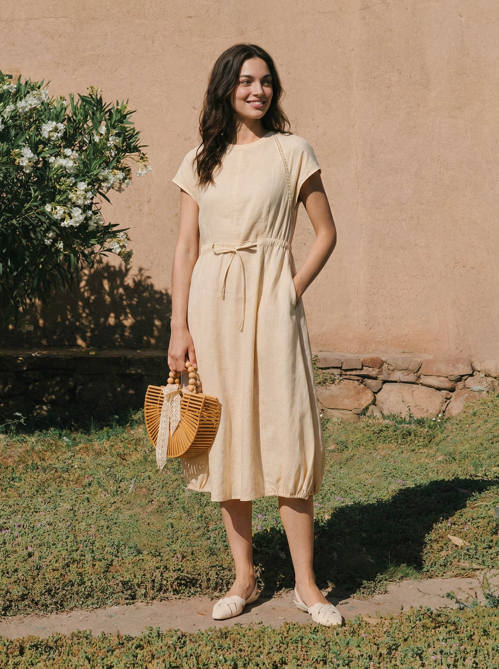 100% Linen Lace-Inset Bubble-Hem Midi Dress LORITA