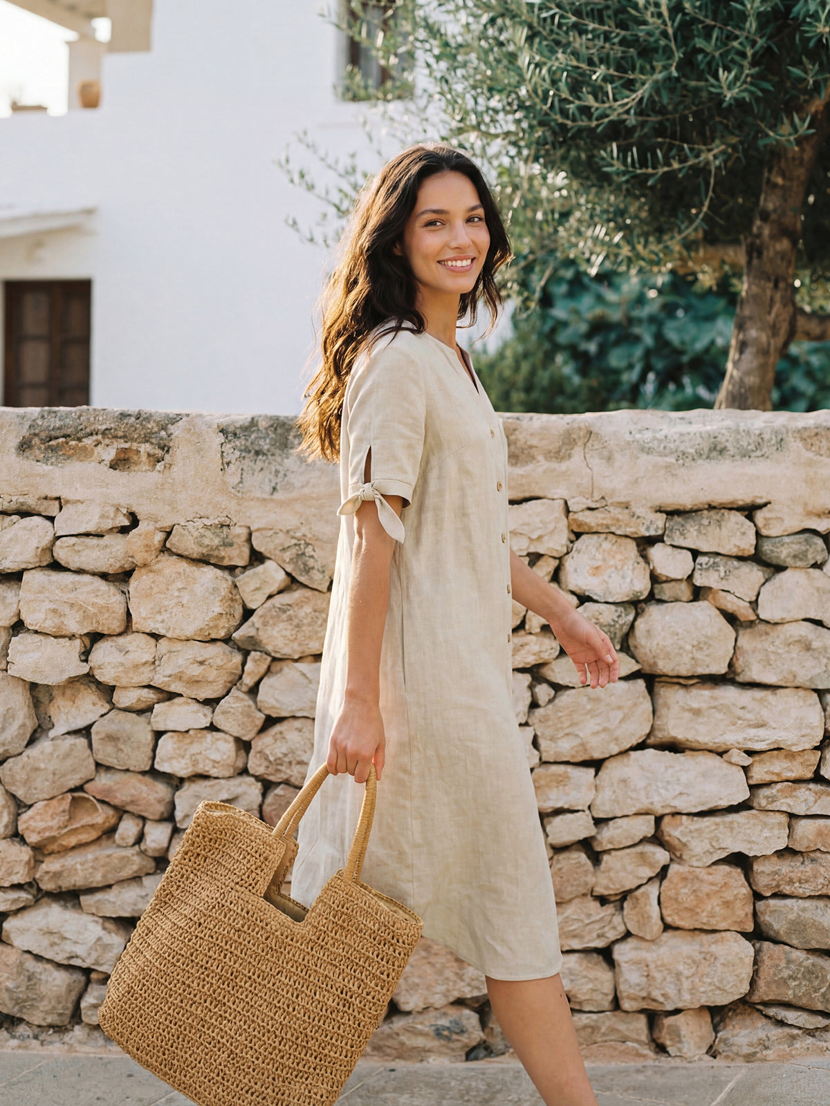 100% Linen Button-Front Tie Cuff V-Neck Shirt Dress HONORIA