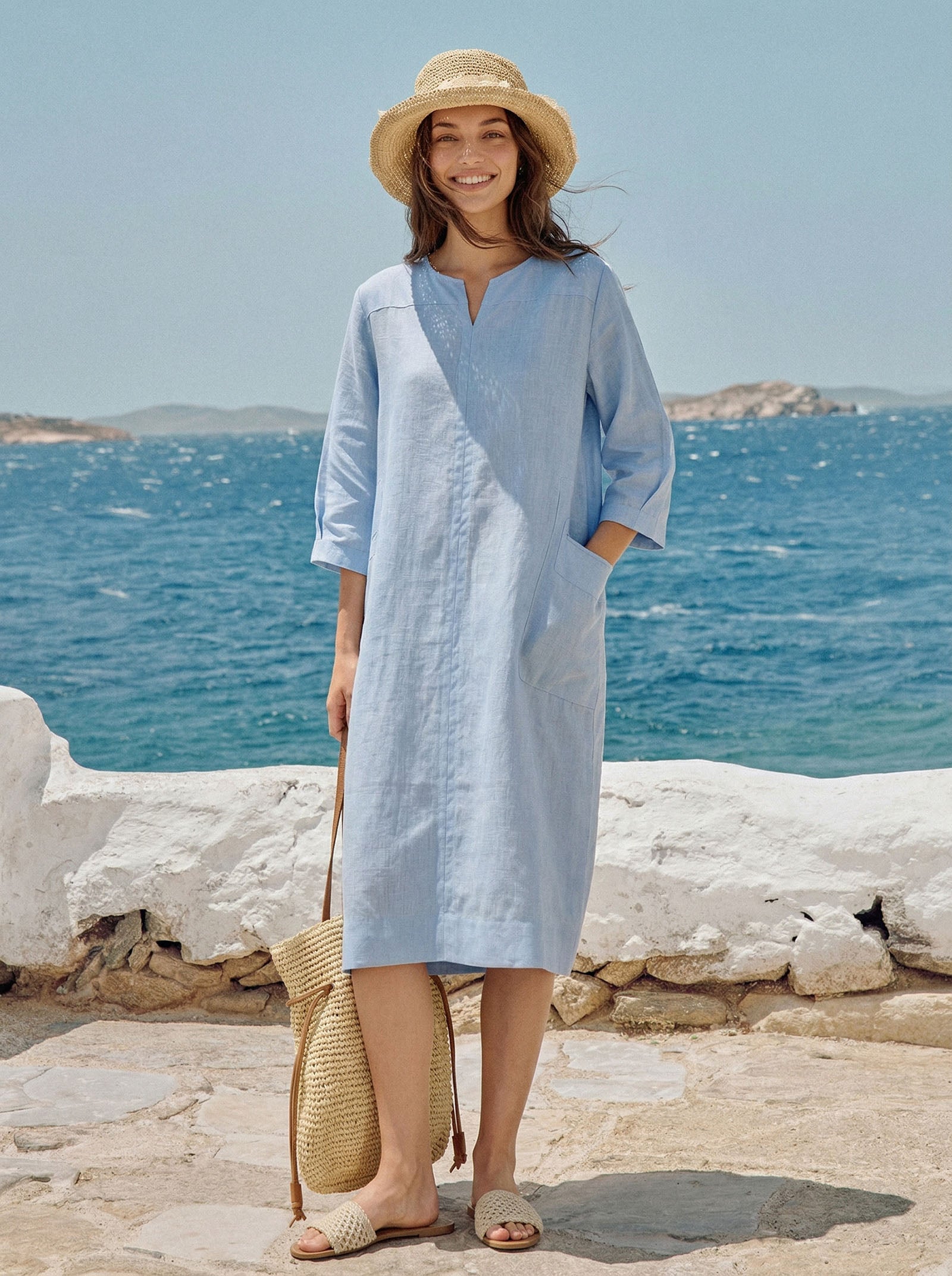 100% Linen Split-Neck Patch-Pocket Mini Dress KALINA