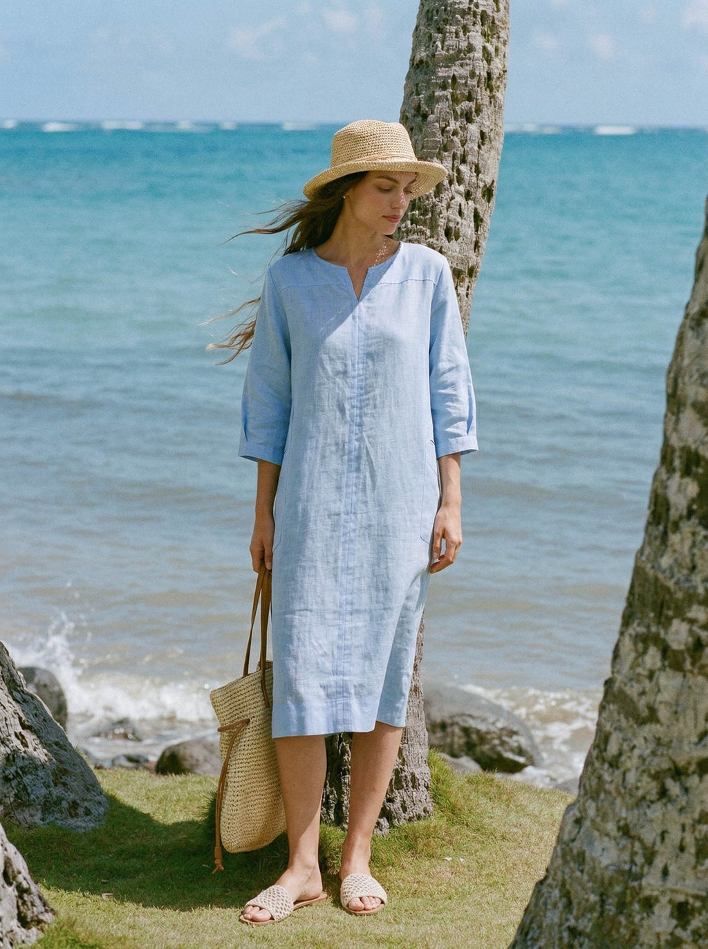 100% Linen Split-Neck Patch-Pocket Mini Dress KALINA