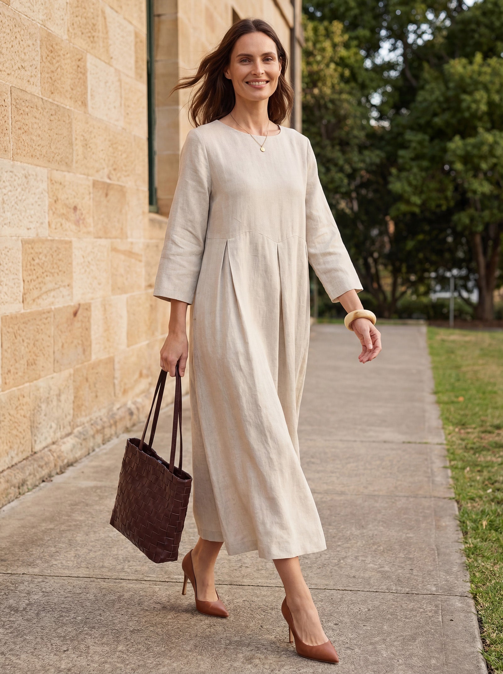 100% Linen Bateau Neck Pleated Midi Dress
