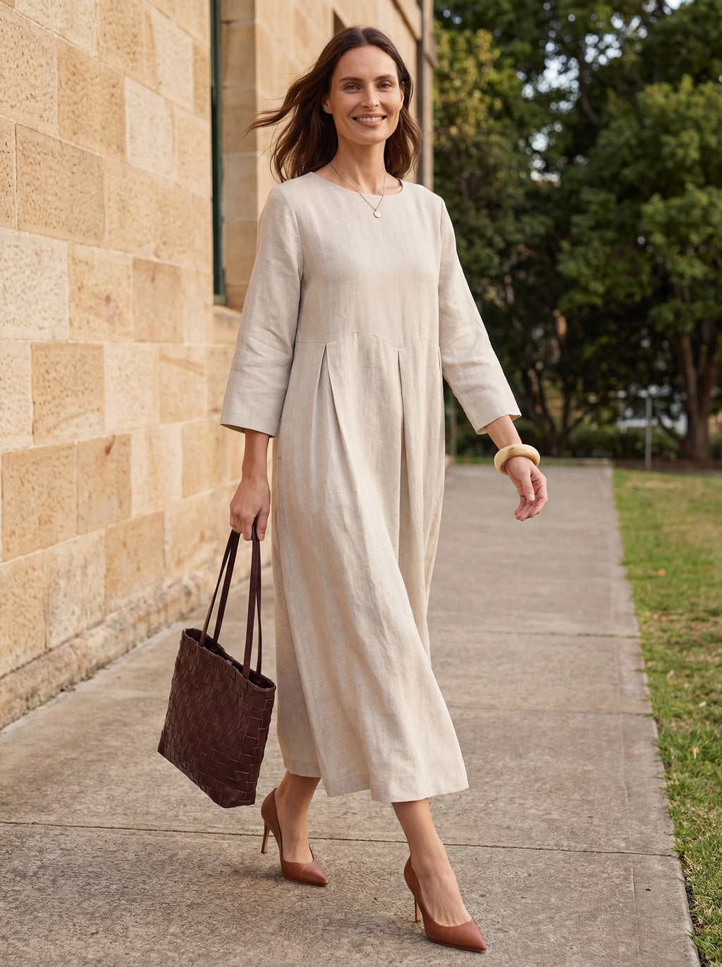 100% Linen Bateau Neck Pleated Midi Dress ABIGAIL