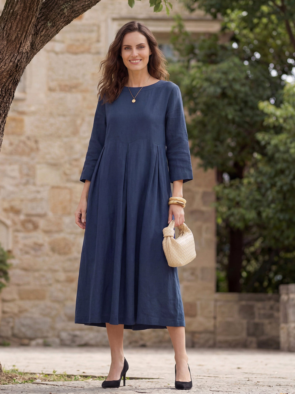 100% Linen Bateau Neck Pleated Midi Dress