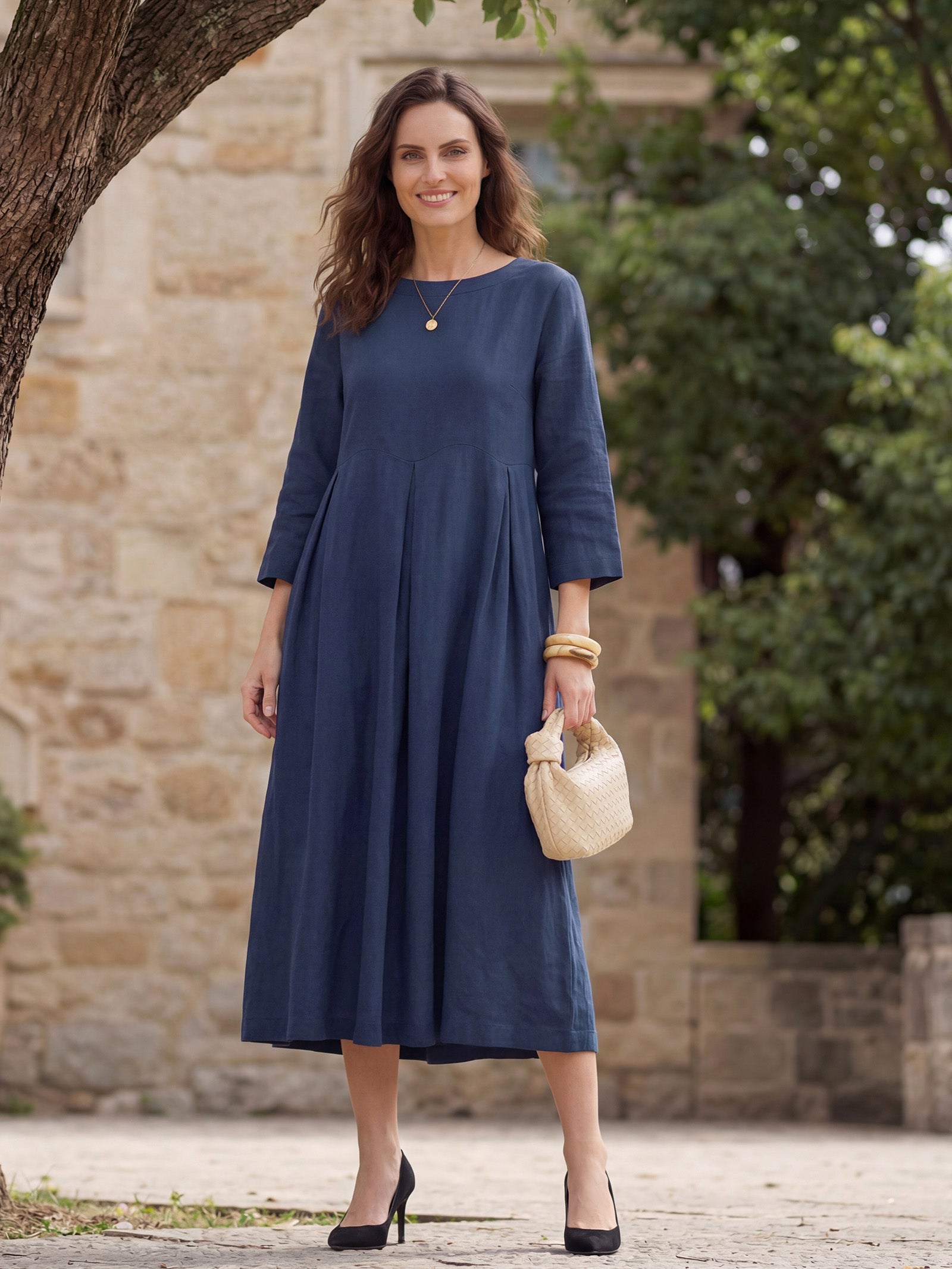 100% Linen Bateau Neck Pleated Midi Dress