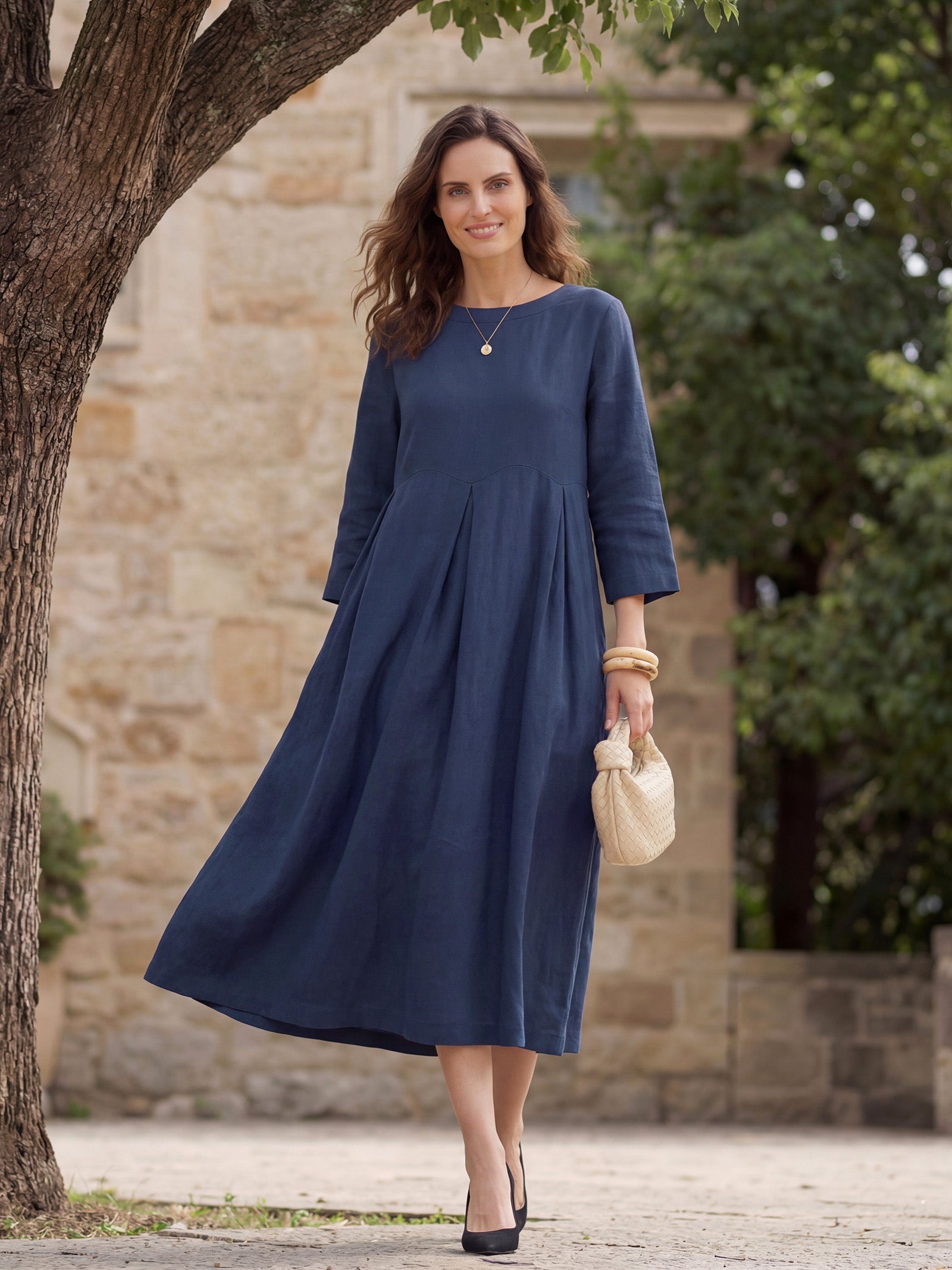 100% Linen Bateau Neck Pleated Midi Dress