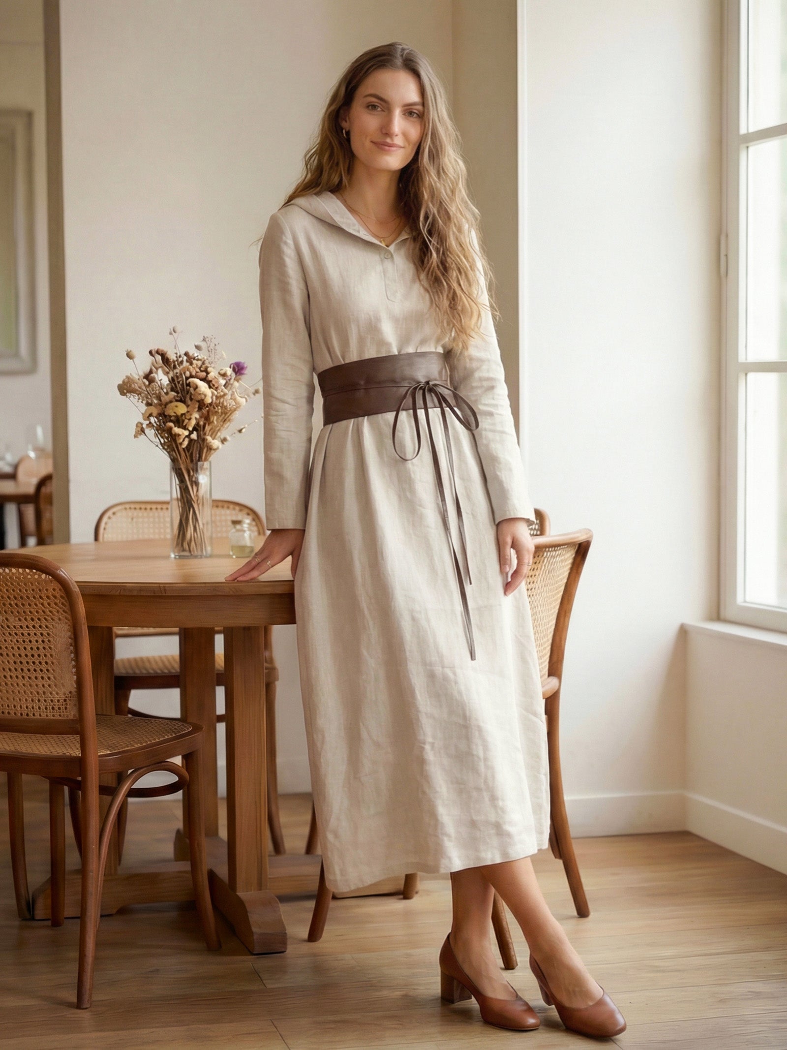 100% Linen Hooded Pullover Midi Dress REBECCA