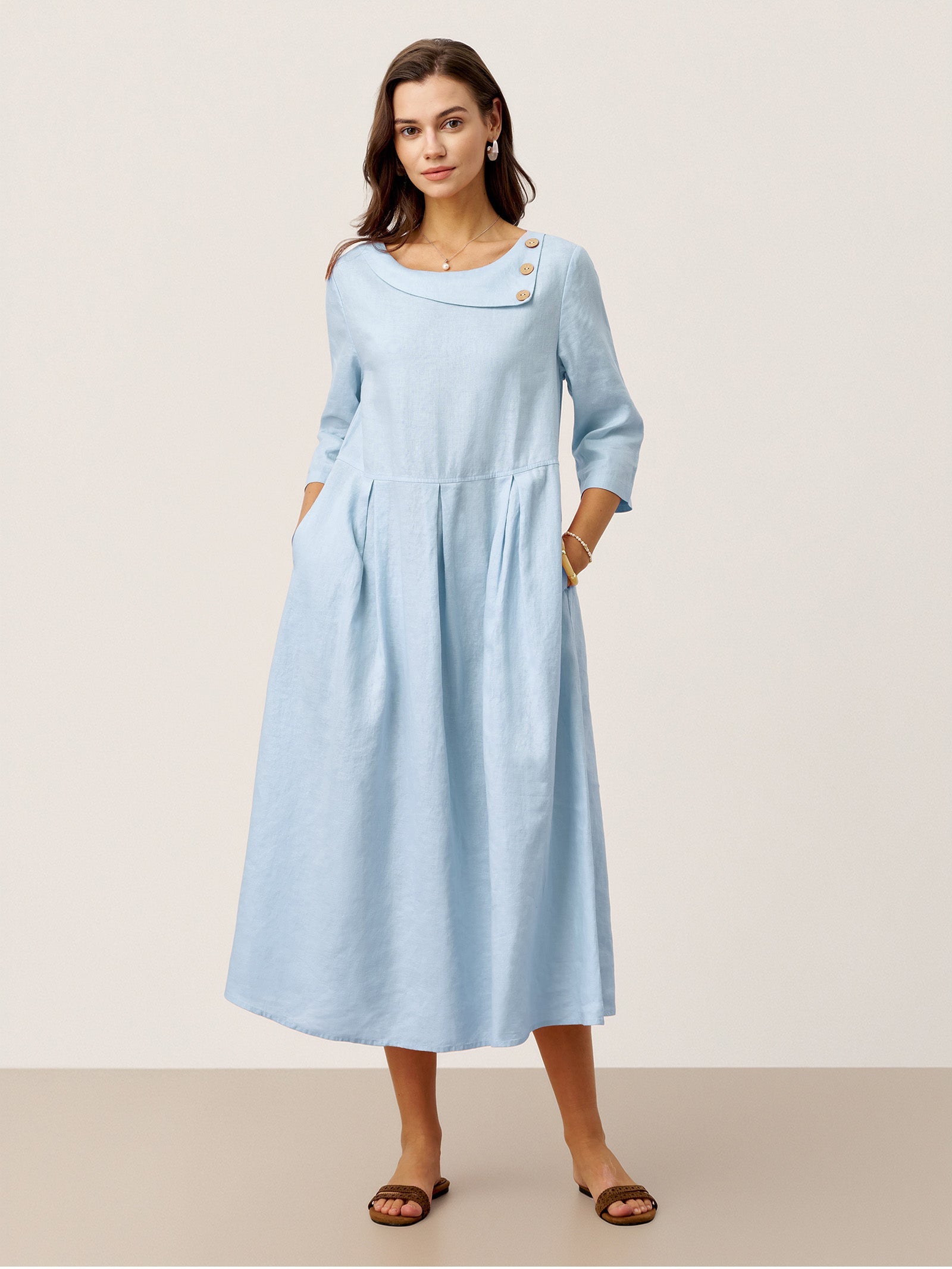 100% Linen Crescent Neck Decorative Button Waist Pleated Midi Dress GWENYTH