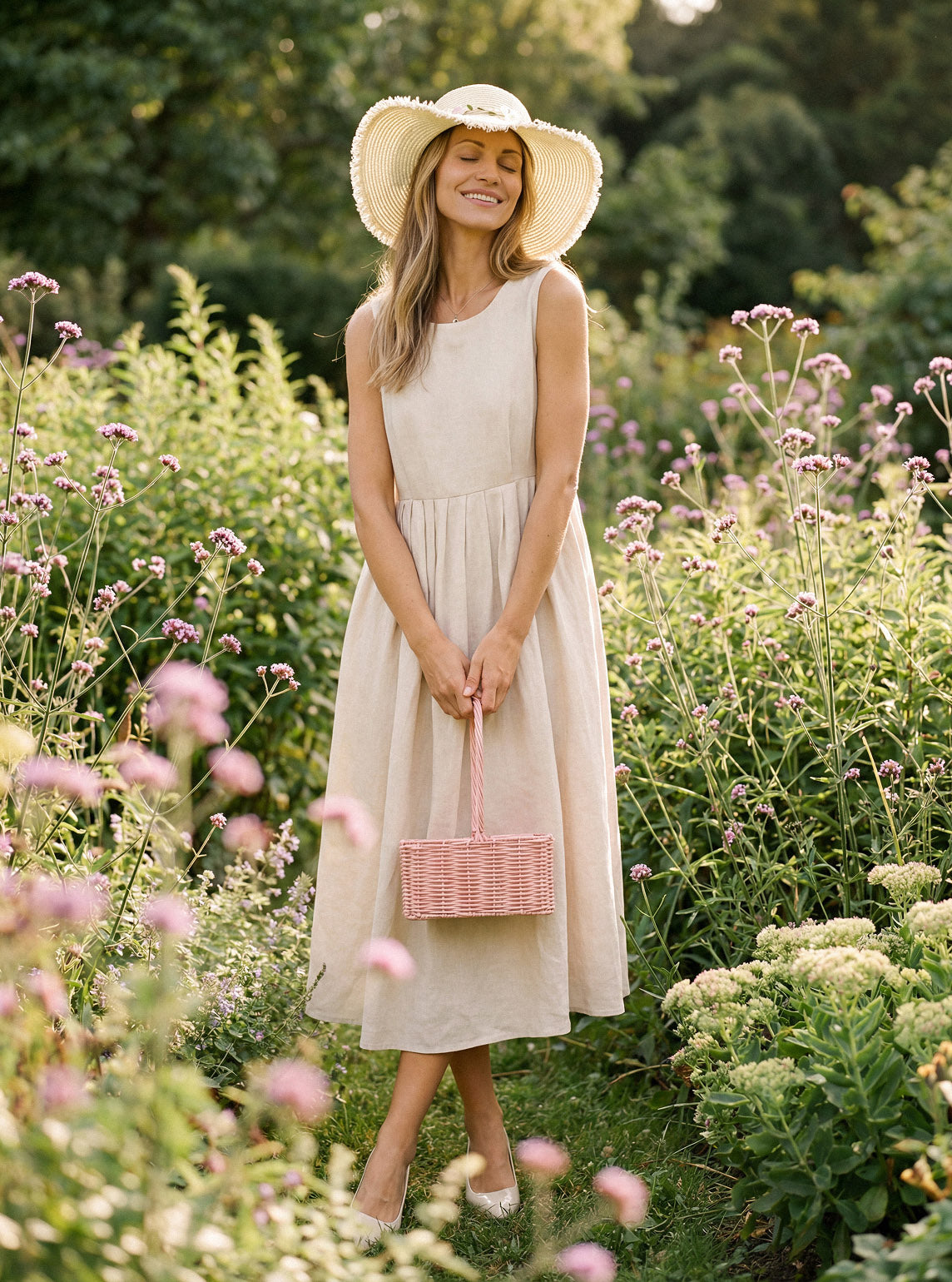 100% Linen Sleeveless Crew Neck Waist Pleated Midi Dress SELENE