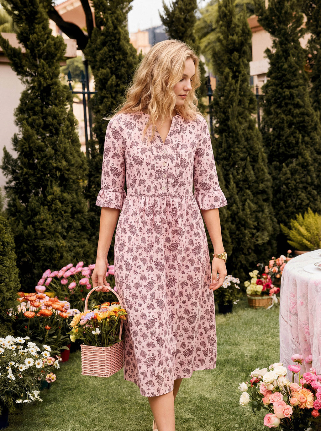 Linen Paisley Pintucked Ruffle-Cuff Midi Dress MAELYN