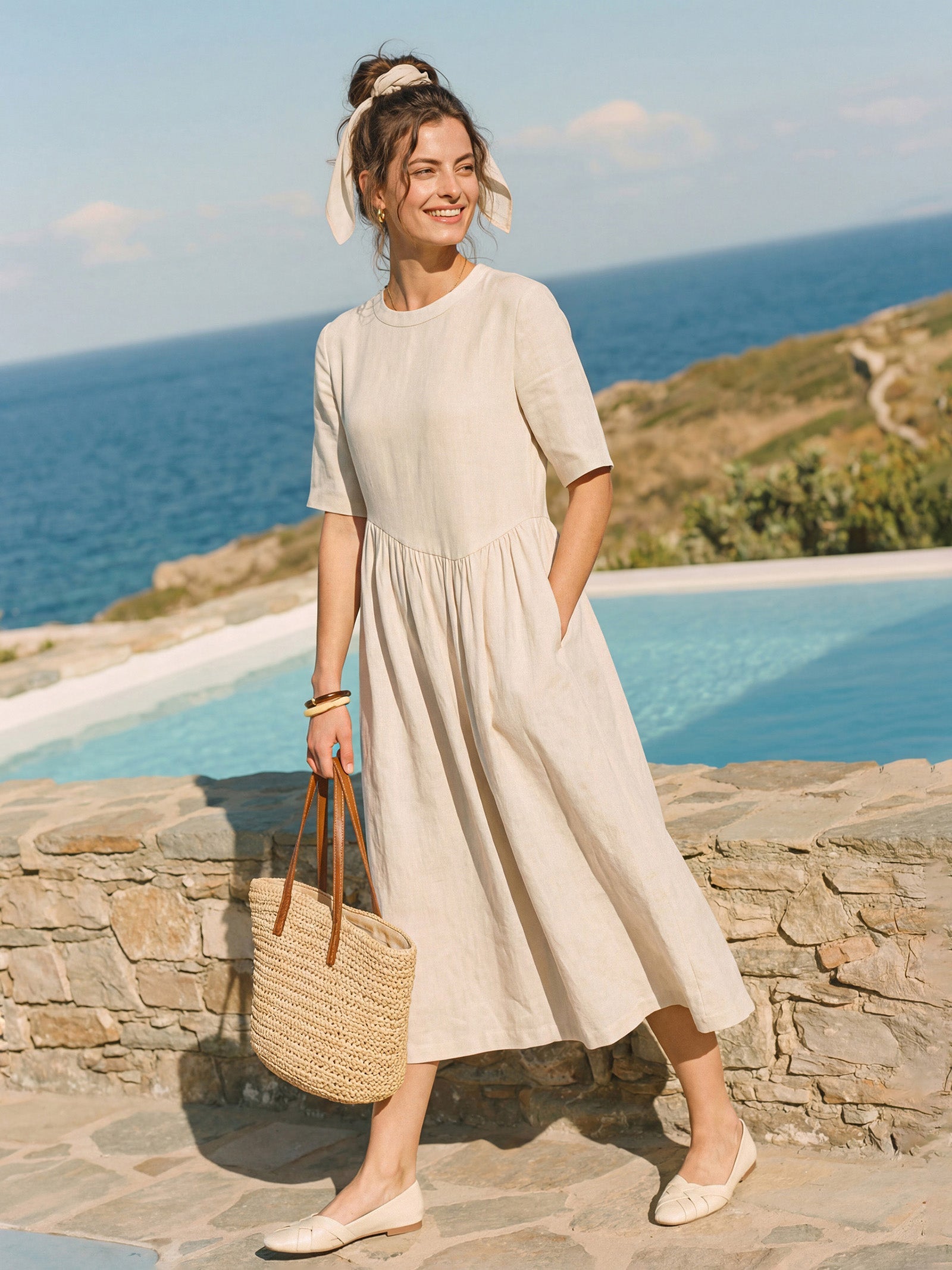 100% Linen Arch-Seam Fluid Midi Dress EUDORA