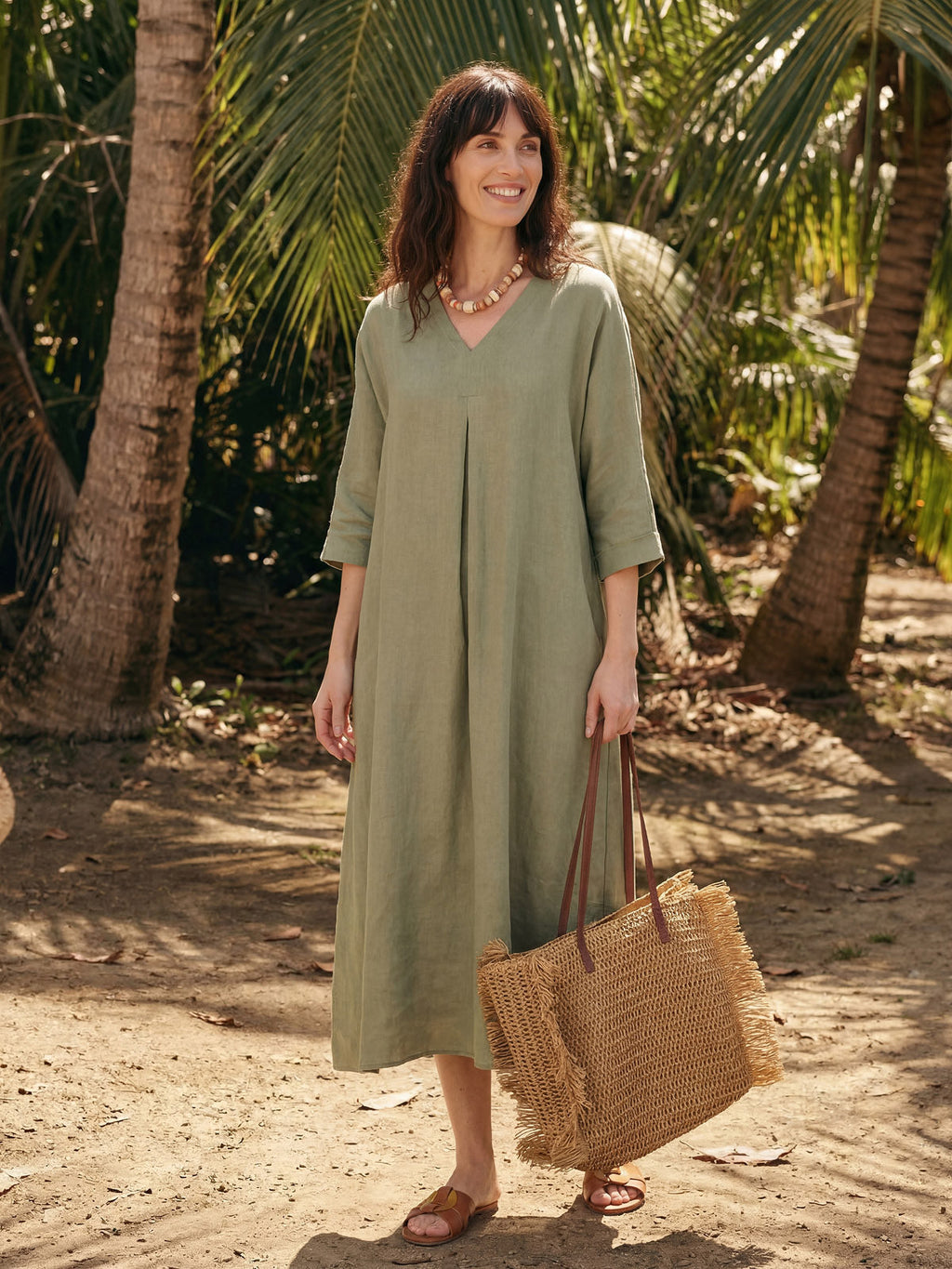 100% Linen Center Pleat V-Neck Cuffed Sleeve Midi Dress ZENOBIA
