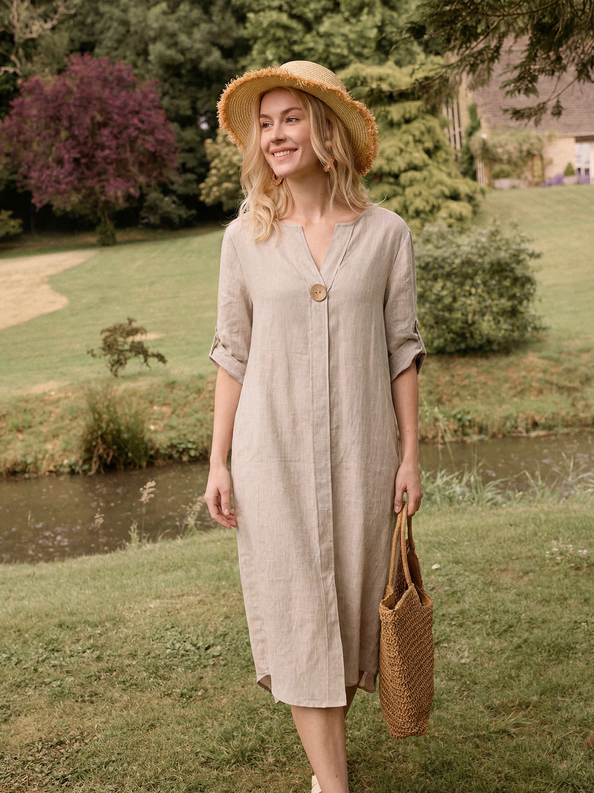 100% Linen Stand Collar V-Slit Tab Sleeve Midi Dress LEORA