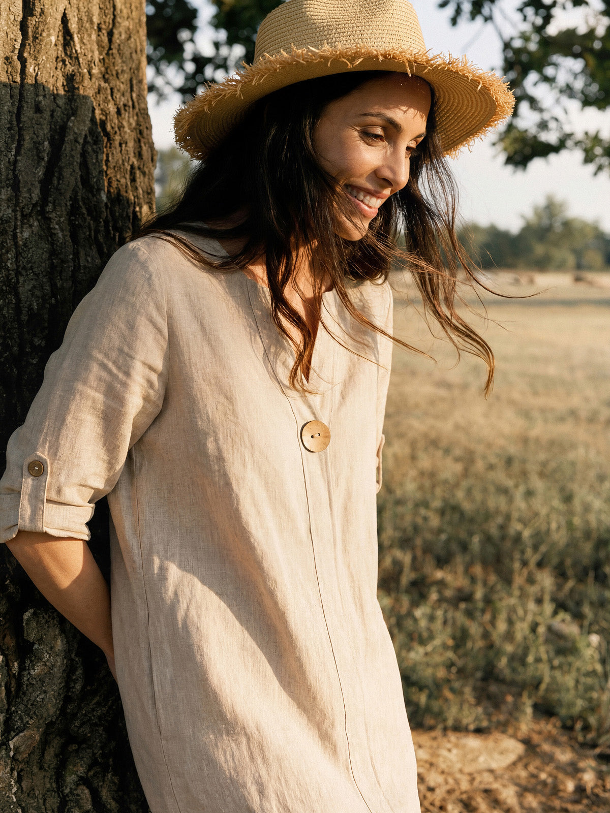100% Linen Stand Collar V-Slit Tab Sleeve Midi Dress LEORA