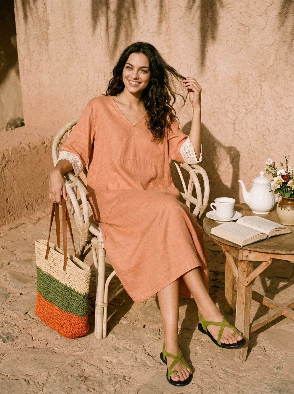 100% Linen Lace-Cuff Cocoon Midi Dress PETRA