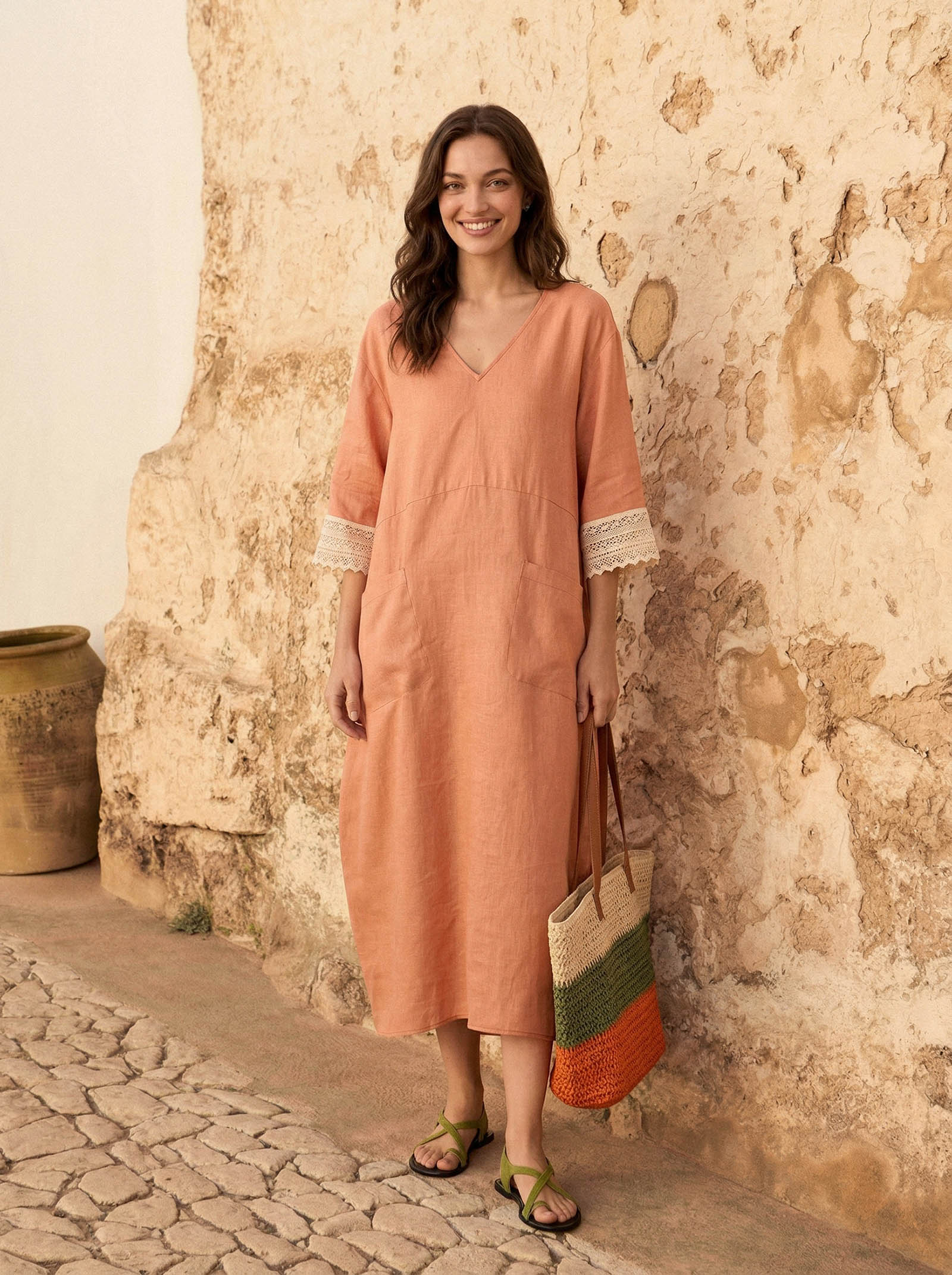 100% Linen Lace-Cuff Cocoon Midi Dress PETRA